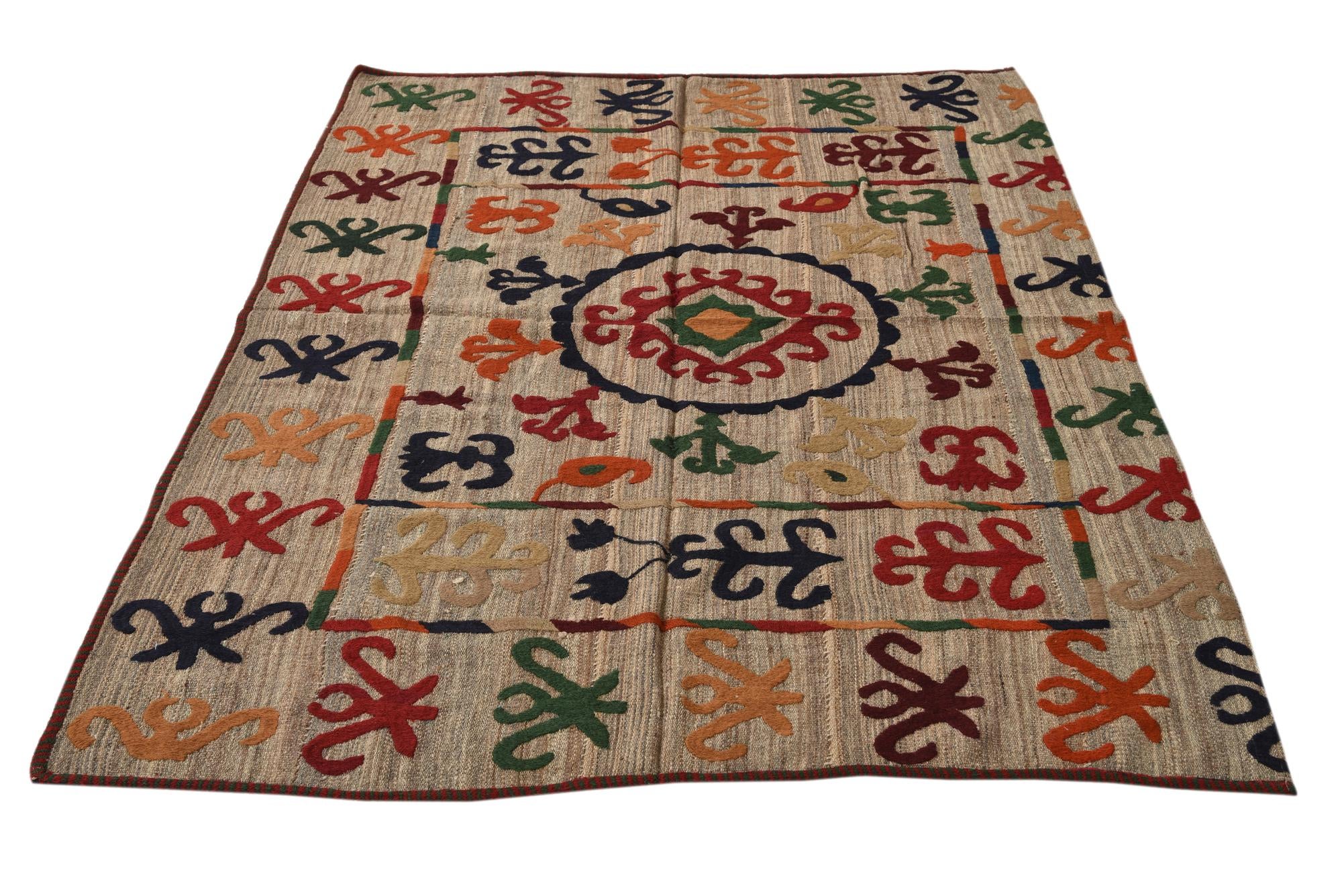 4' 8 x 6' 5 Hand Woven Kilim Suzani Wool Rug