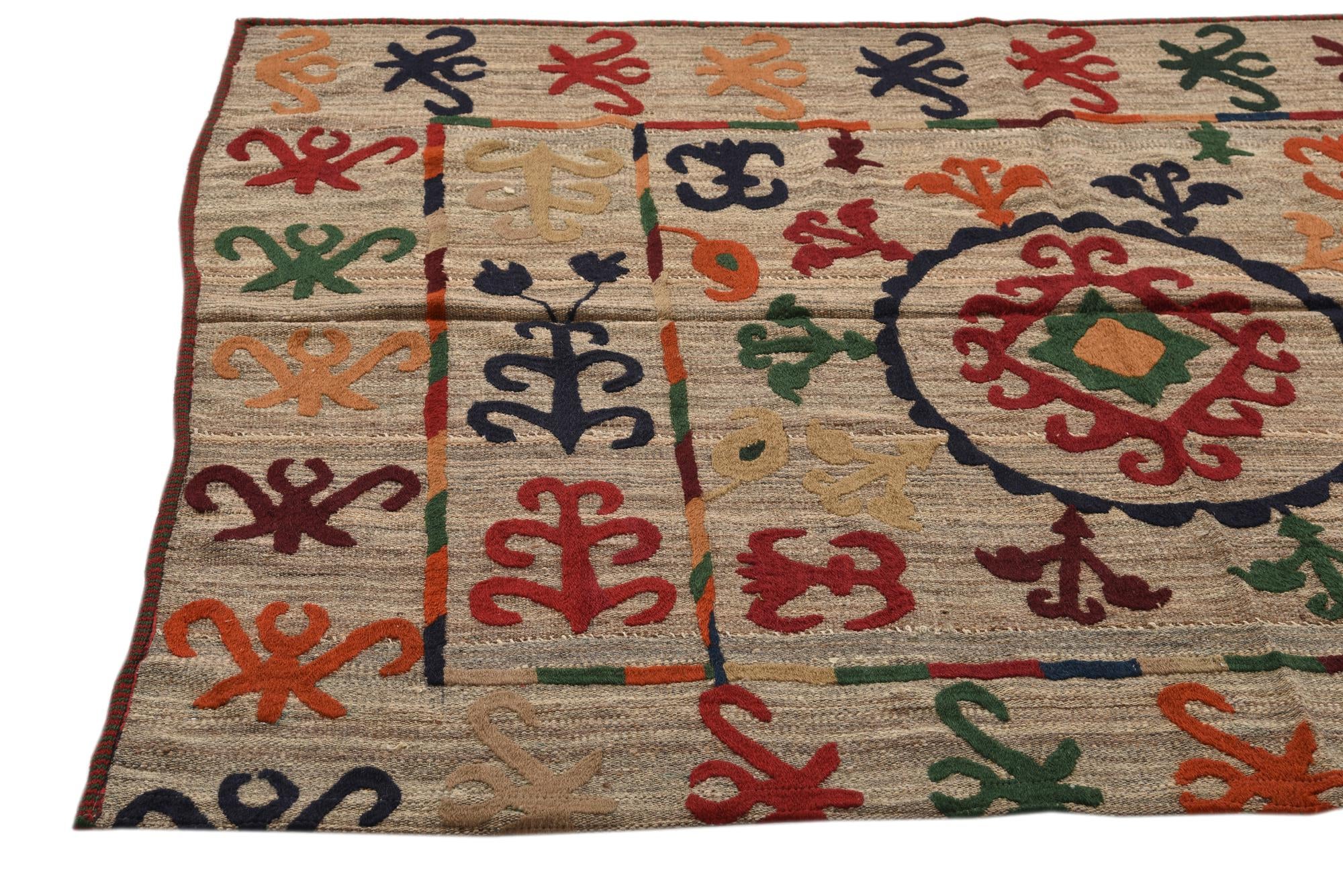 4' 8 x 6' 5 Hand Woven Kilim Suzani Wool Rug