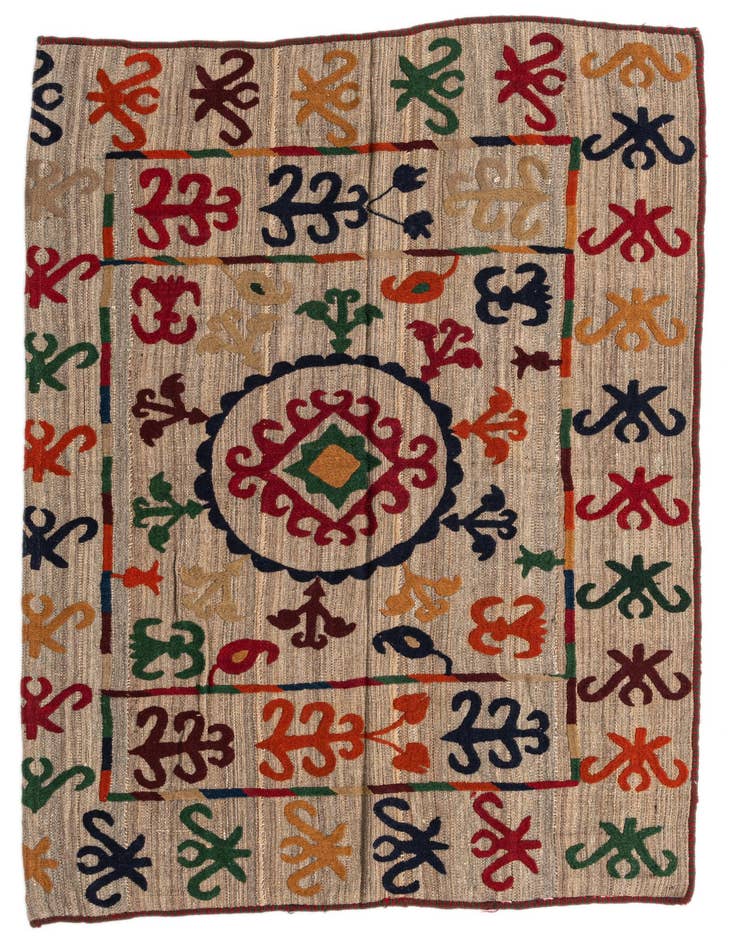 Detail image of 4' 8 x 6' 5 Hand Woven Kilim Suzani Wool Rug