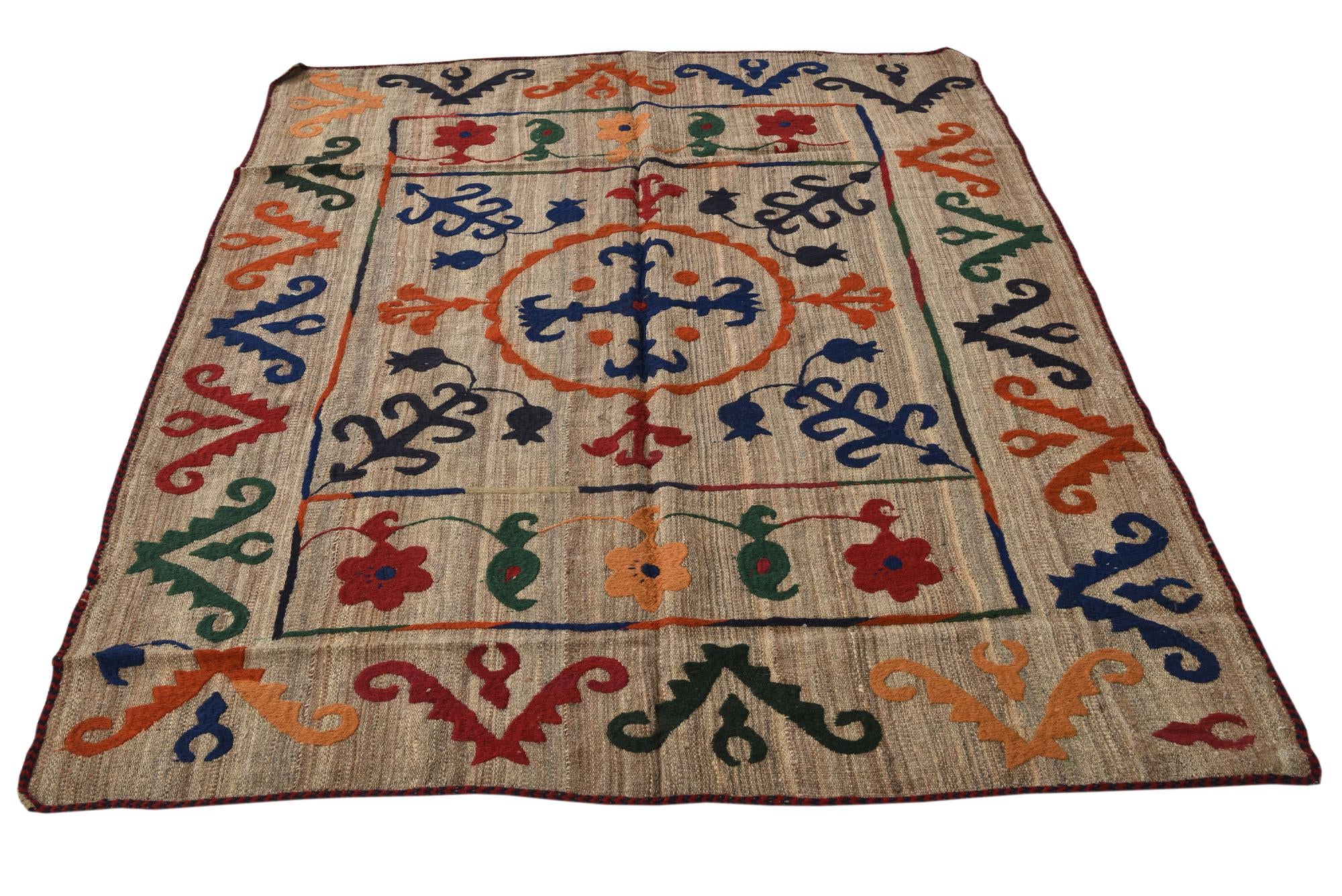 4' 11 x 6' 4 Hand Woven Kilim Suzani Wool Rug