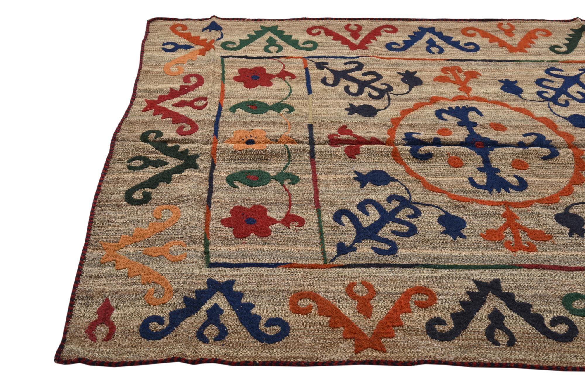 4' 11 x 6' 4 Hand Woven Kilim Suzani Wool Rug