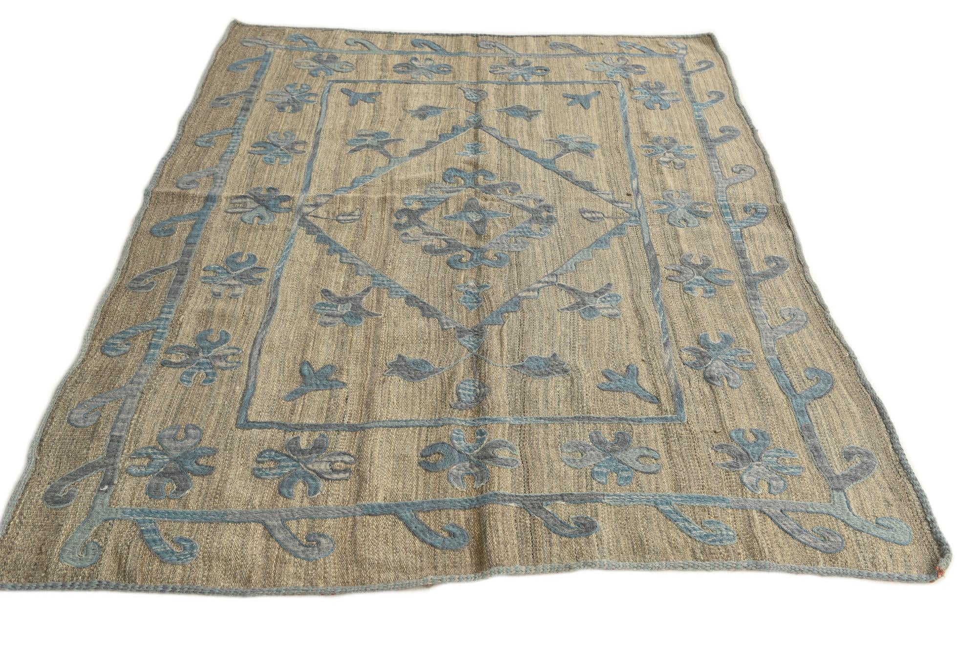 4' 9 x 6' 4 Hand Woven Kilim Suzani Wool Rug