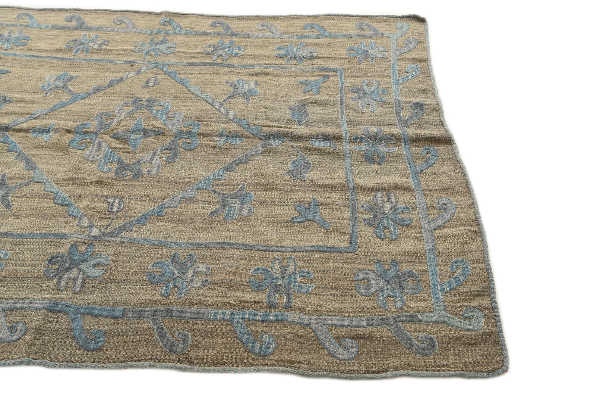 4' 9 x 6' 4 Hand Woven Kilim Suzani Wool Rug