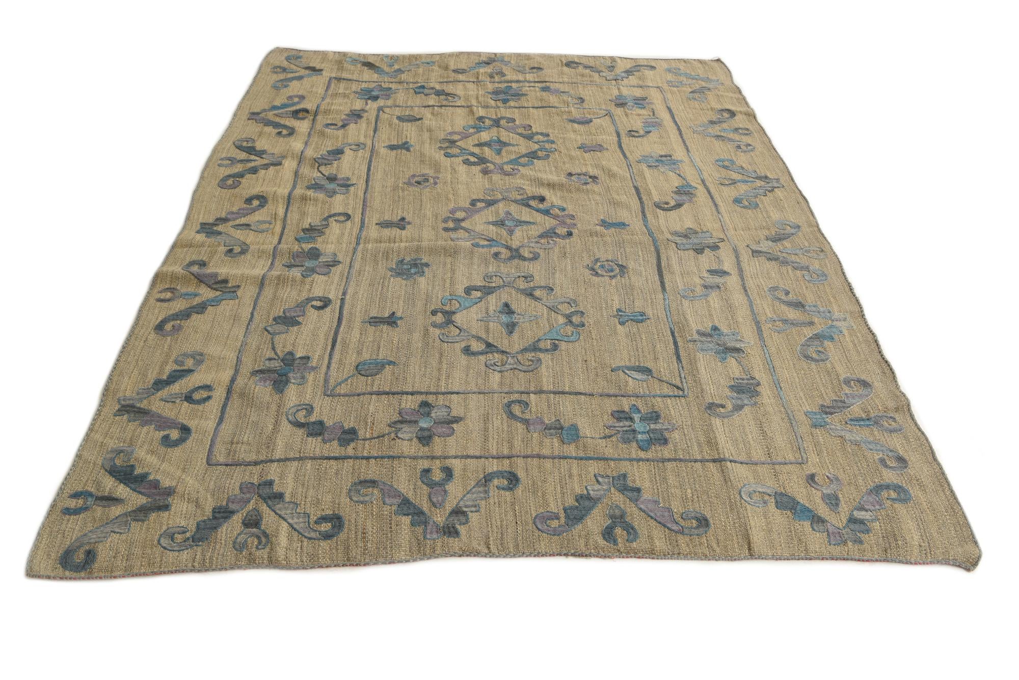 5' 10 x 7' 4 Hand Woven Kilim Suzani Wool Rug