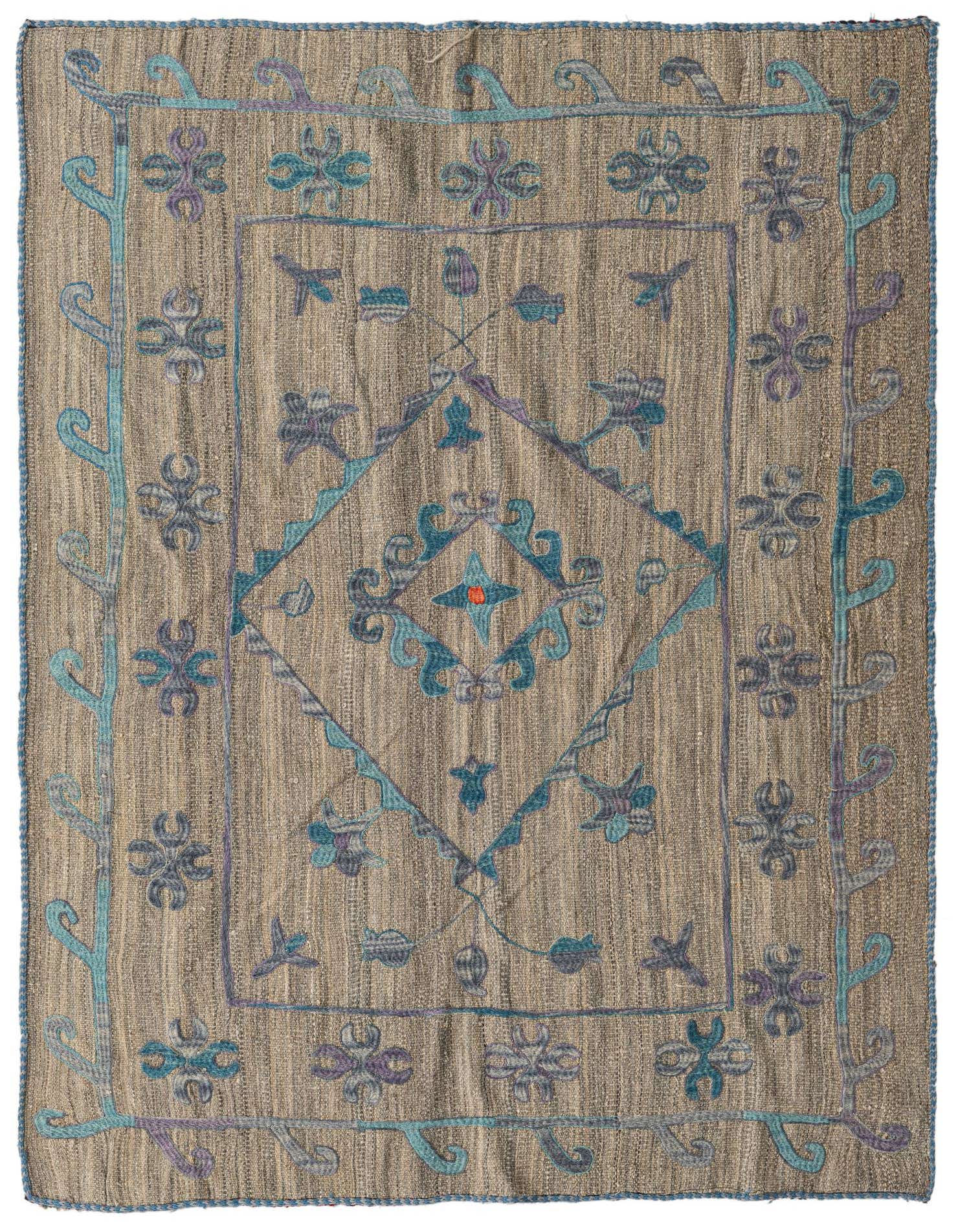4' 9 x 6' 4 Hand Woven Kilim Suzani Wool Rug