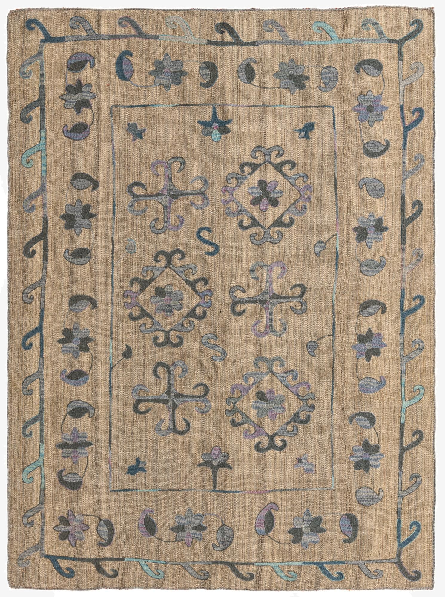 5' 10 x 7' 6  Hand Woven Kilim Suzani Wool Rug