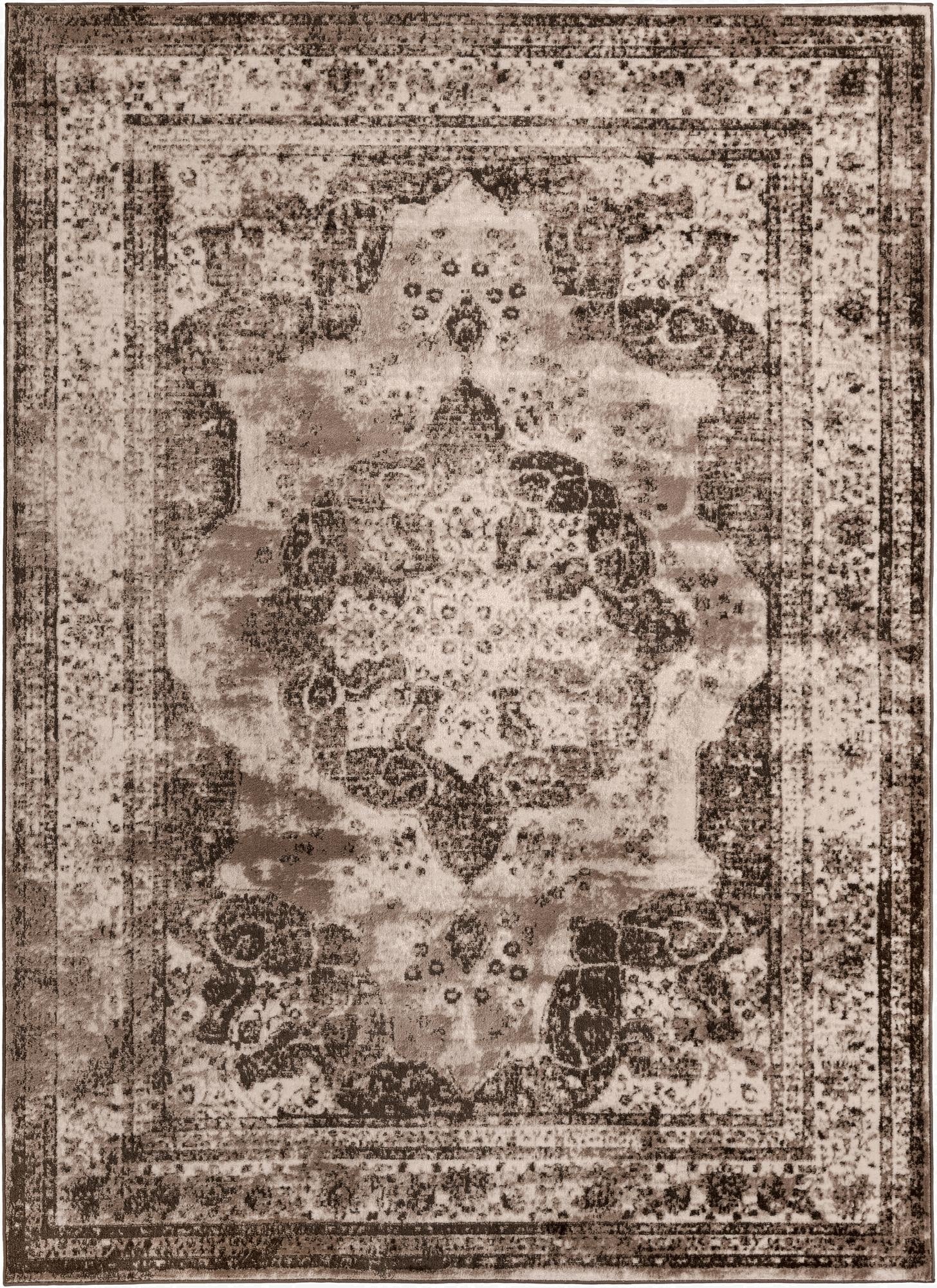 An 8x11 rectangular Monte Carlo rug featuring a distressed medallion pattern in various shades of brown and tan.