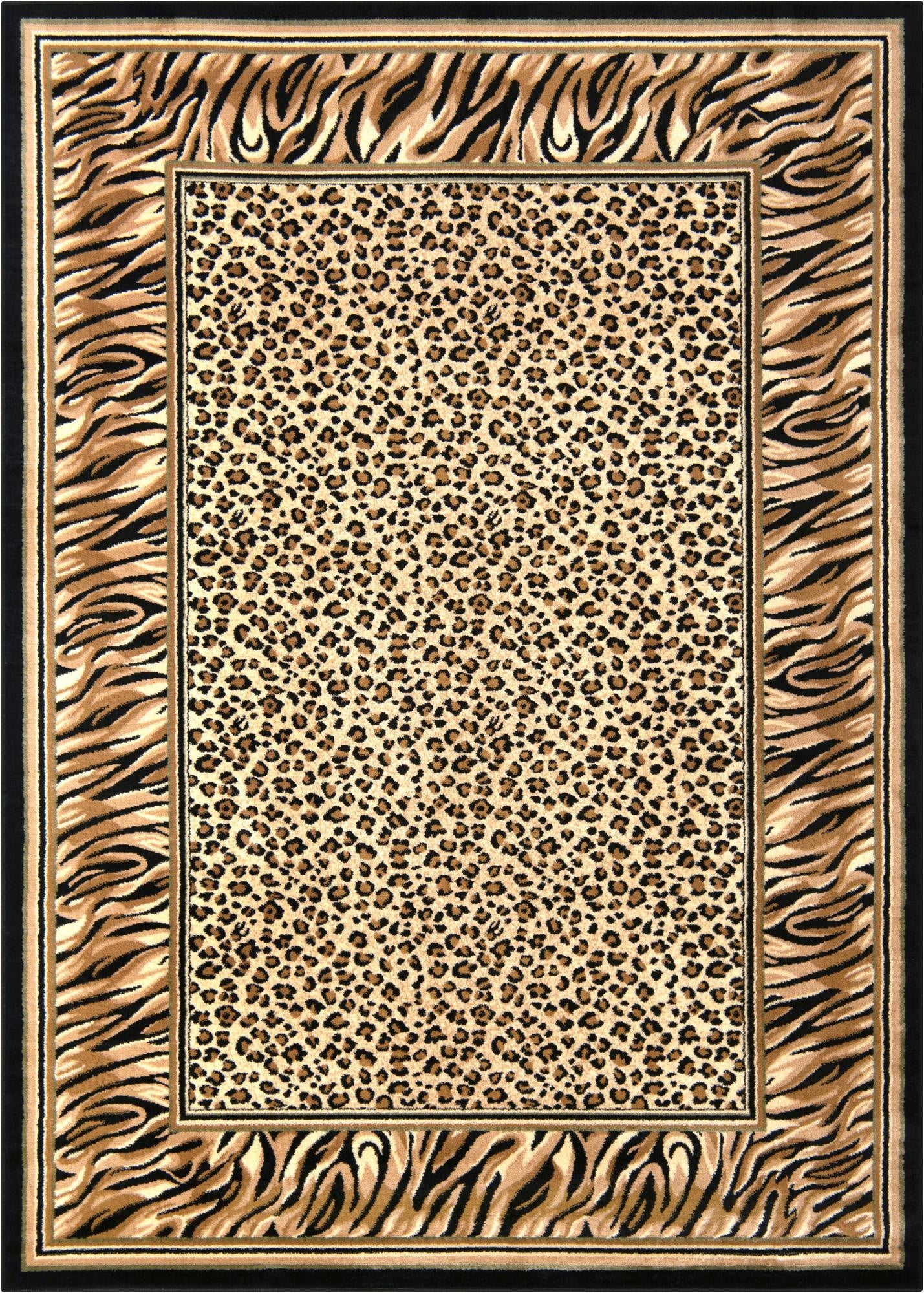 A 7x10 rectangular Savannah collection rug featuring a leopard print center with a bold zebra stripe border in browns, tans, and black.