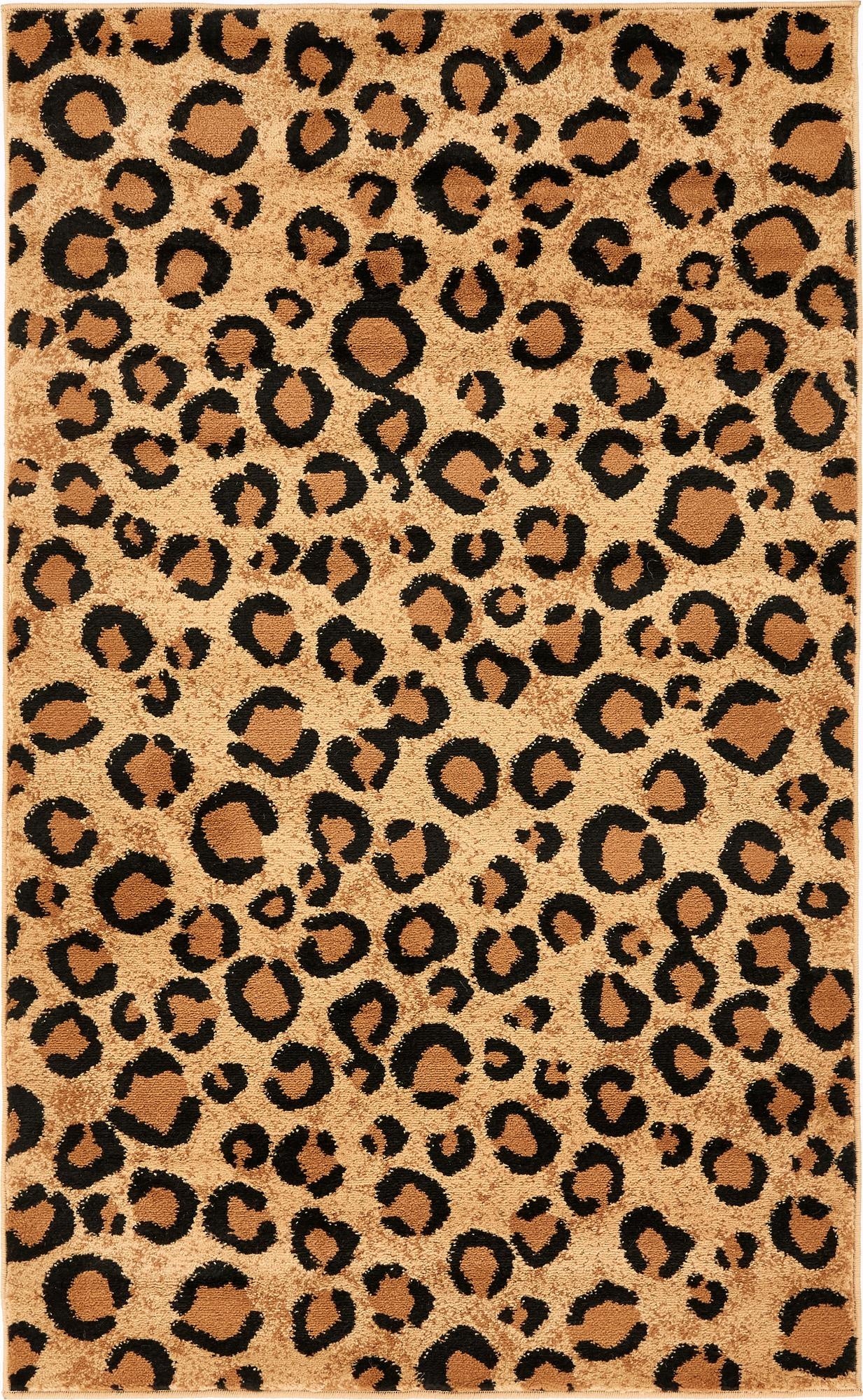 A 3x5 rectangular Savannah collection rug with a vibrant leopard print pattern in shades of brown and tan.