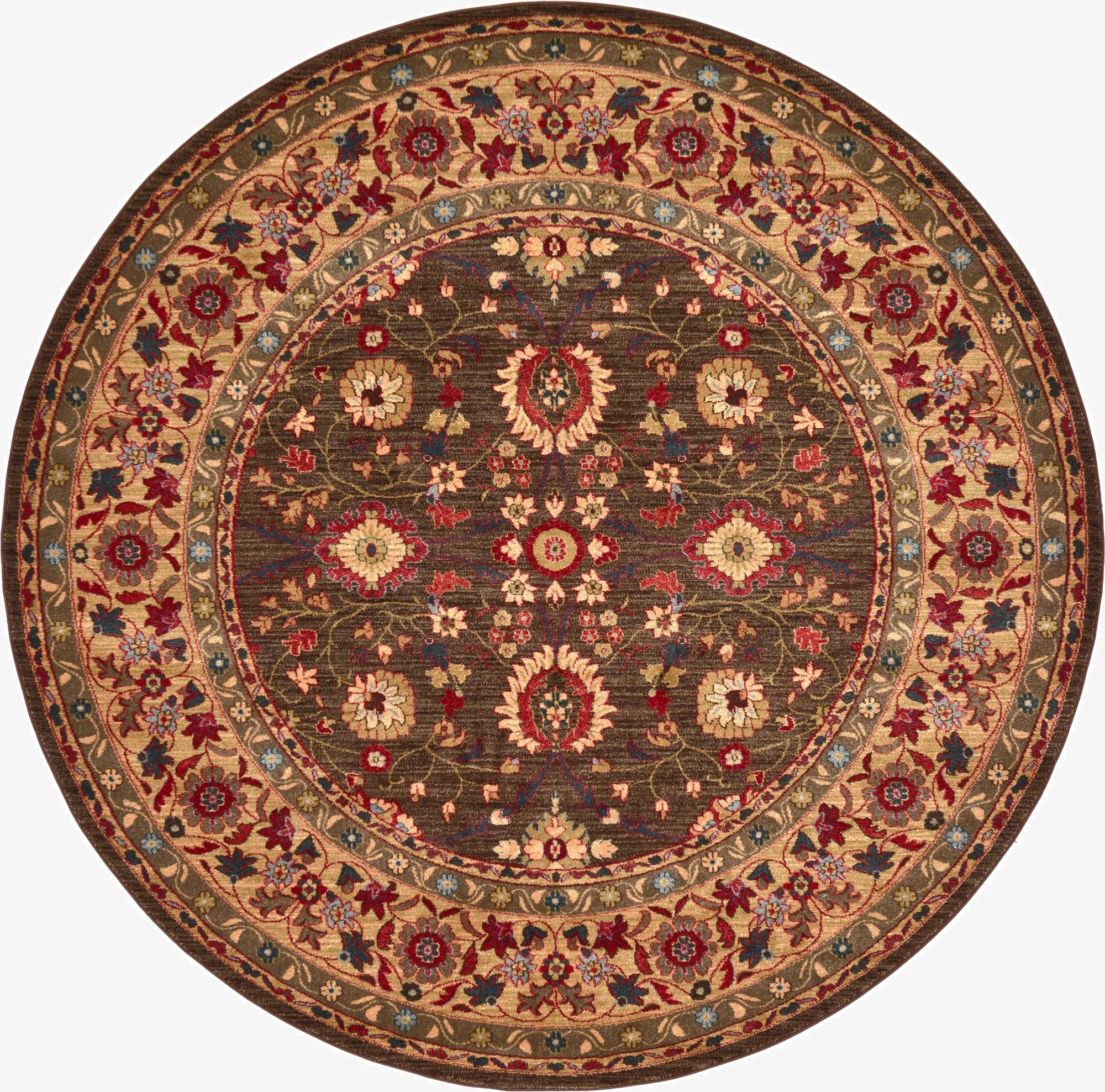 A round brown area rug with a detailed traditional floral pattern in reds, tans, and blues, perfect for an indoor living space.