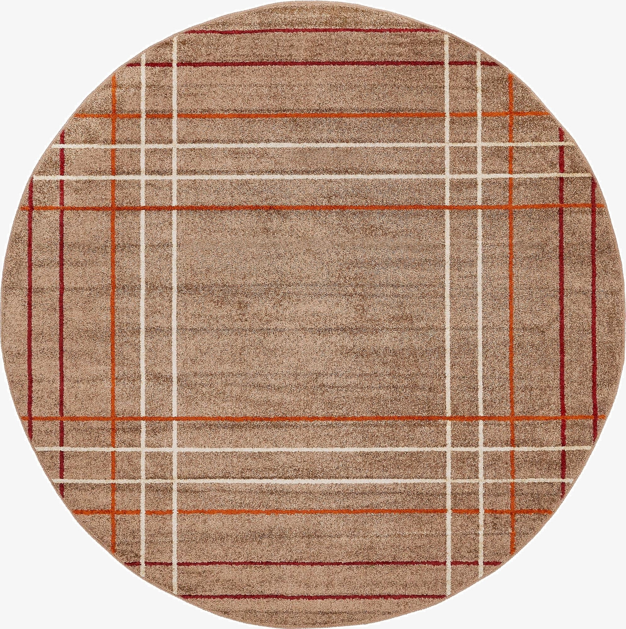 A round brown rug with a modern plaid pattern of thin white, orange, and red stripes, suitable for an indoor living space.