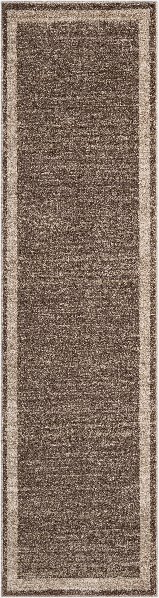 A 10 ft runner rug from the Angelica Collection featuring a solid brown field with a tan border, ideal for hallways.