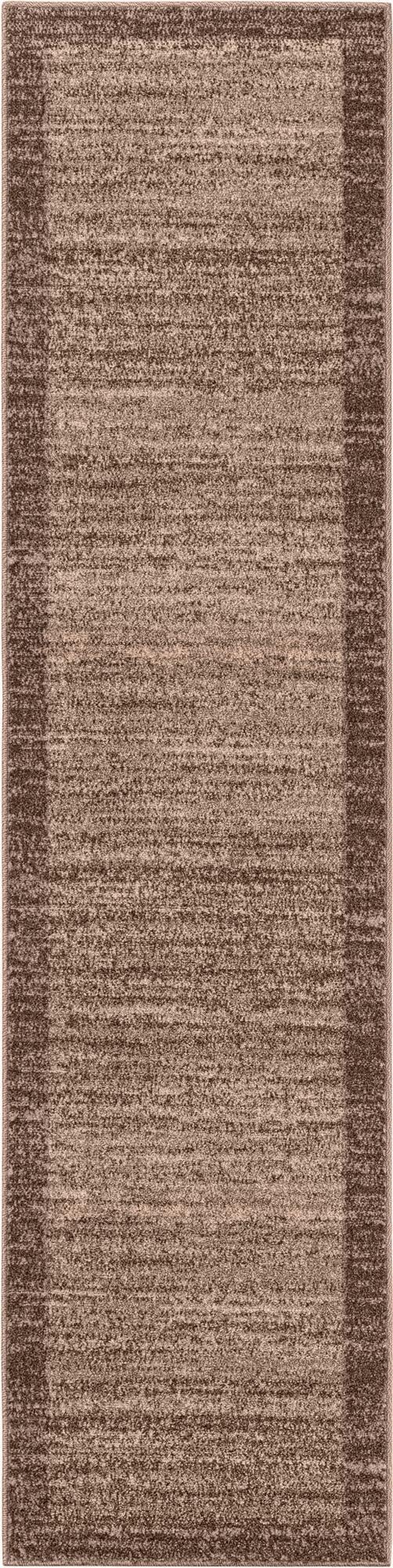 A brown and tan 8 ft runner rug from the Angelica collection, featuring a subtle striped pattern and a darker border.