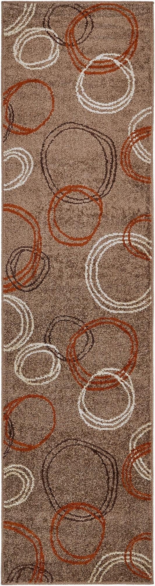A 10 ft runner rug with a modern abstract pattern of interlocking brown, rust, and white circles on a tan background, perfect for a hallway.