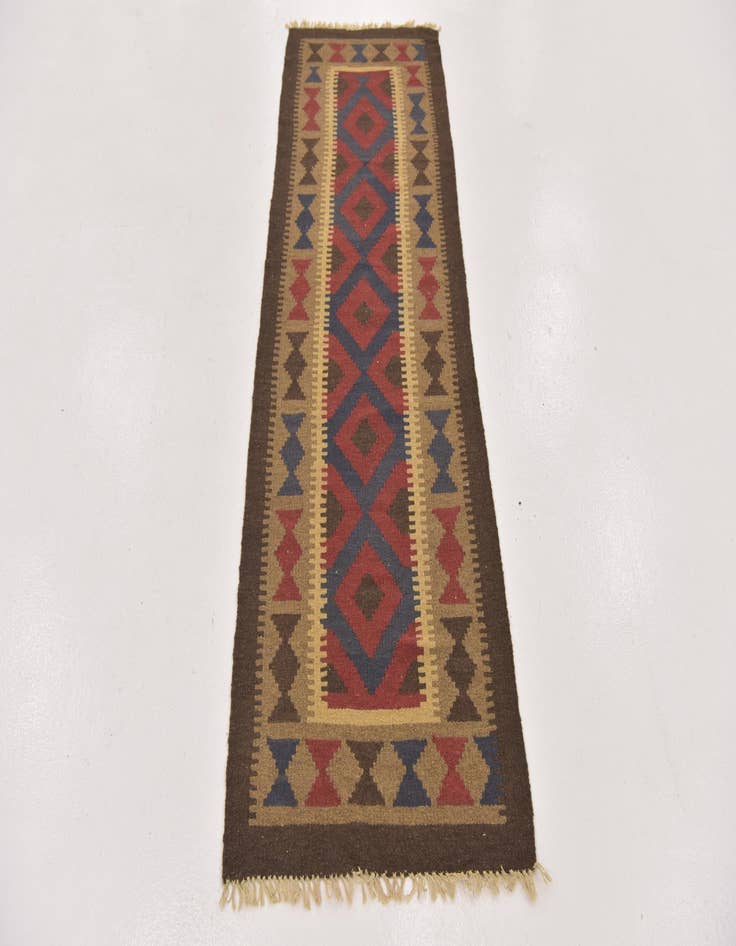 Detail image of 2' x 6' 5  Hand Woven Kilim Maymana Wool Runner Rug