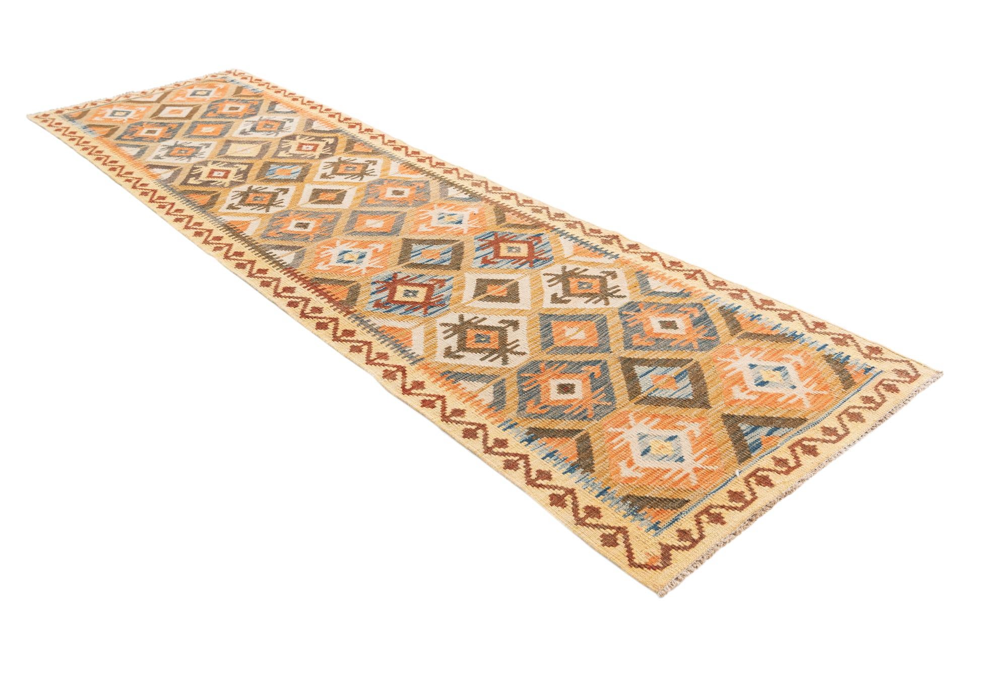 2' 9 x 9' 10 Hand Woven Kilim Maymana Wool Runner Rug