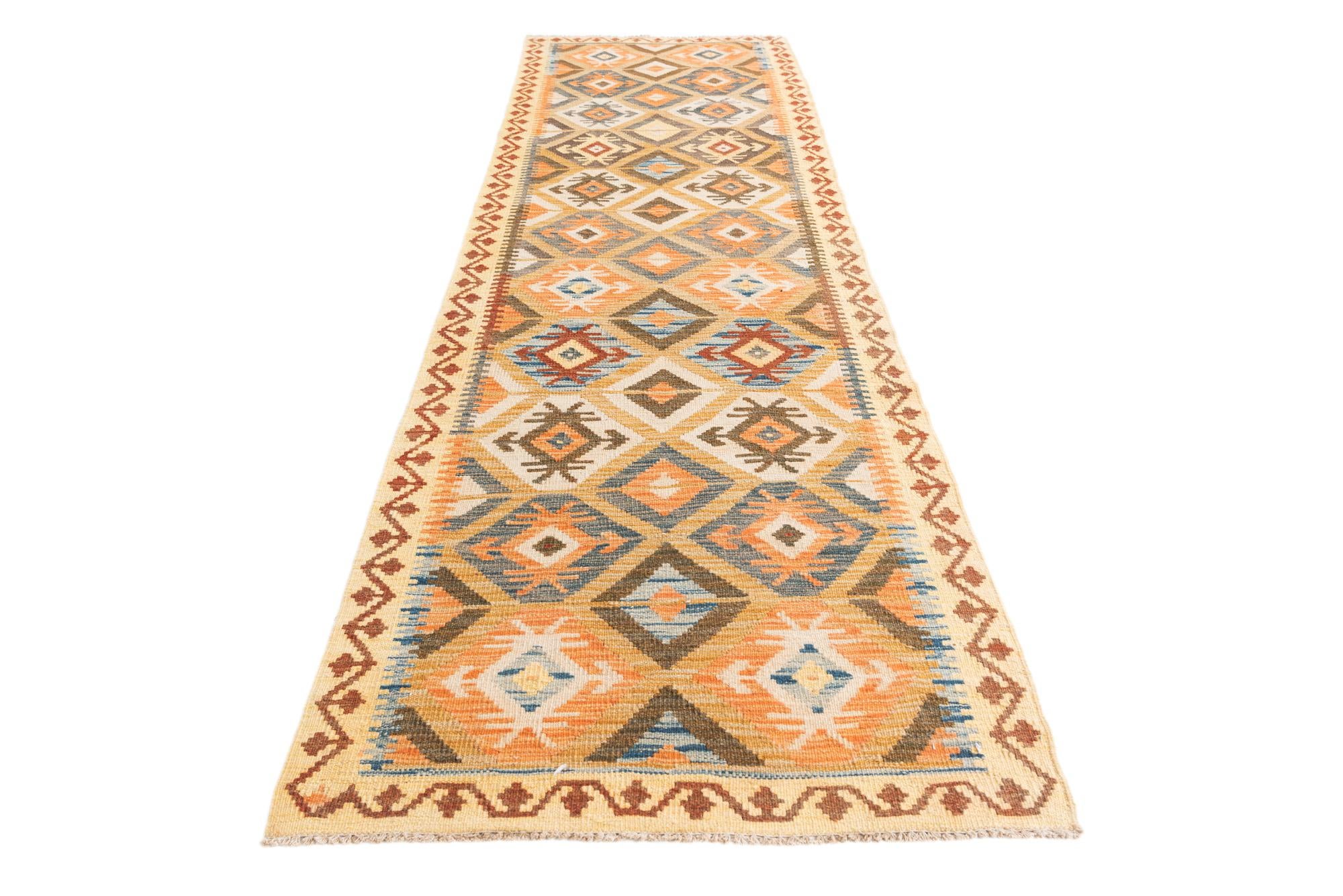 2' 9 x 9' 10 Hand Woven Kilim Maymana Wool Runner Rug