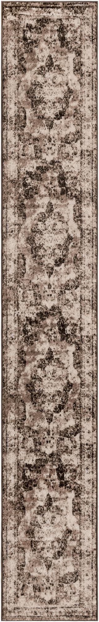 A 13 ft runner rug in shades of brown and tan, featuring a distressed medallion and border pattern, suitable for a hallway.