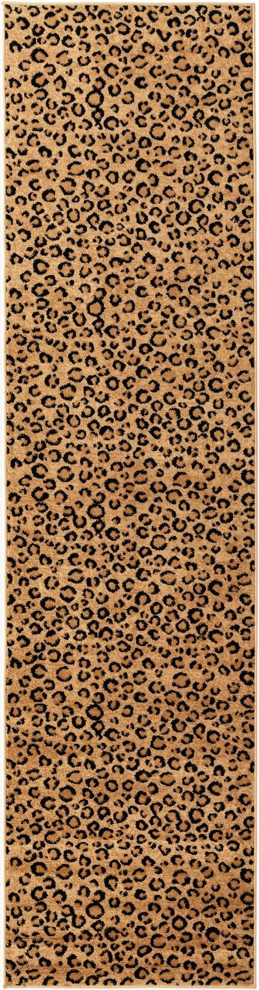 A long 8 ft runner rug featuring a modern leopard print pattern in shades of brown and tan.