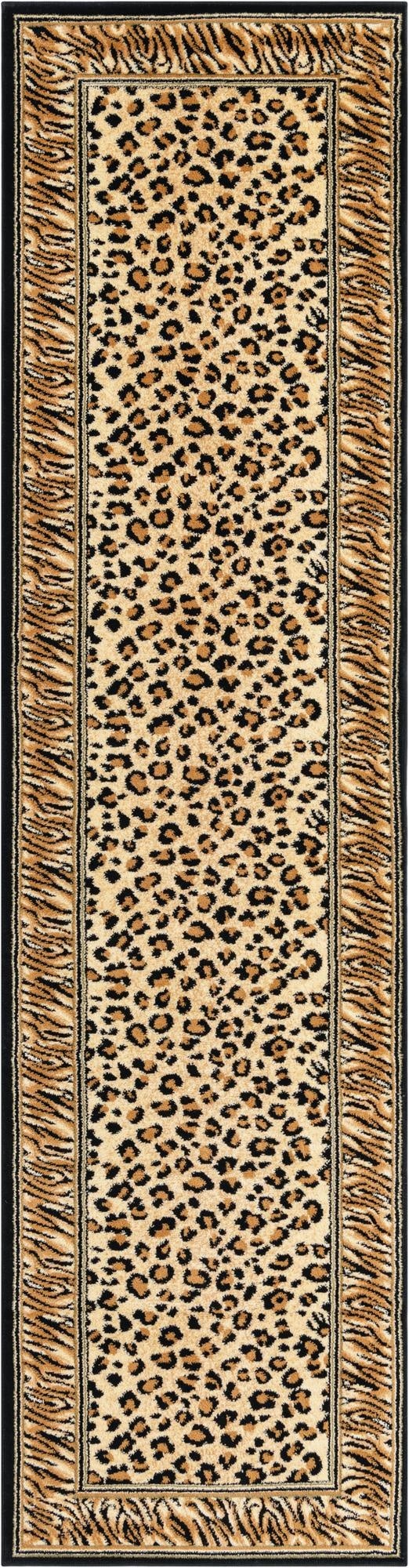 A 10 ft runner rug featuring a tan and brown leopard print center with a tiger stripe border and black edges, perfect for a hallway.