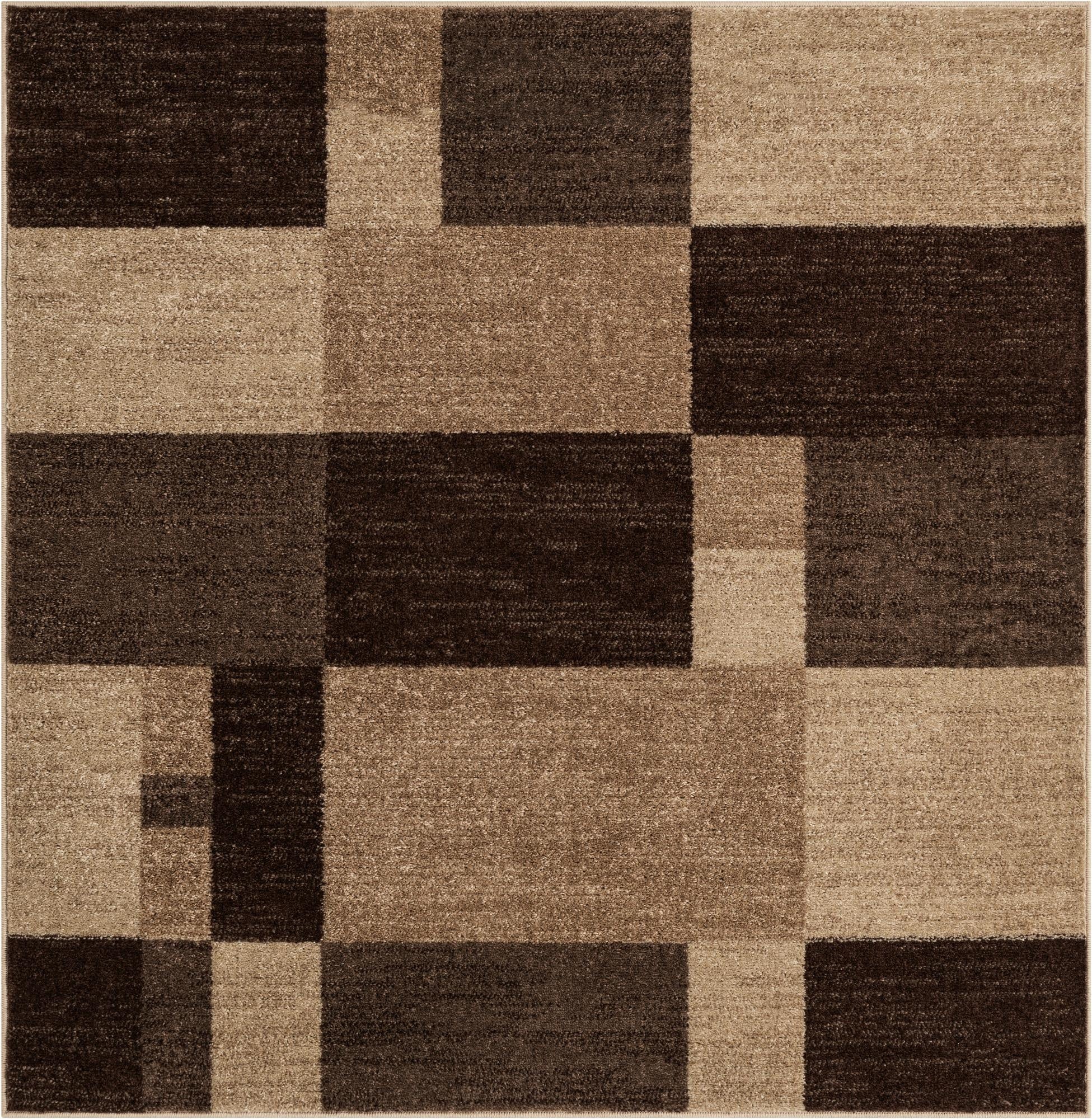 A 5' 3 x 5' 3 square modern area rug featuring a geometric block pattern in varying shades of brown and tan.