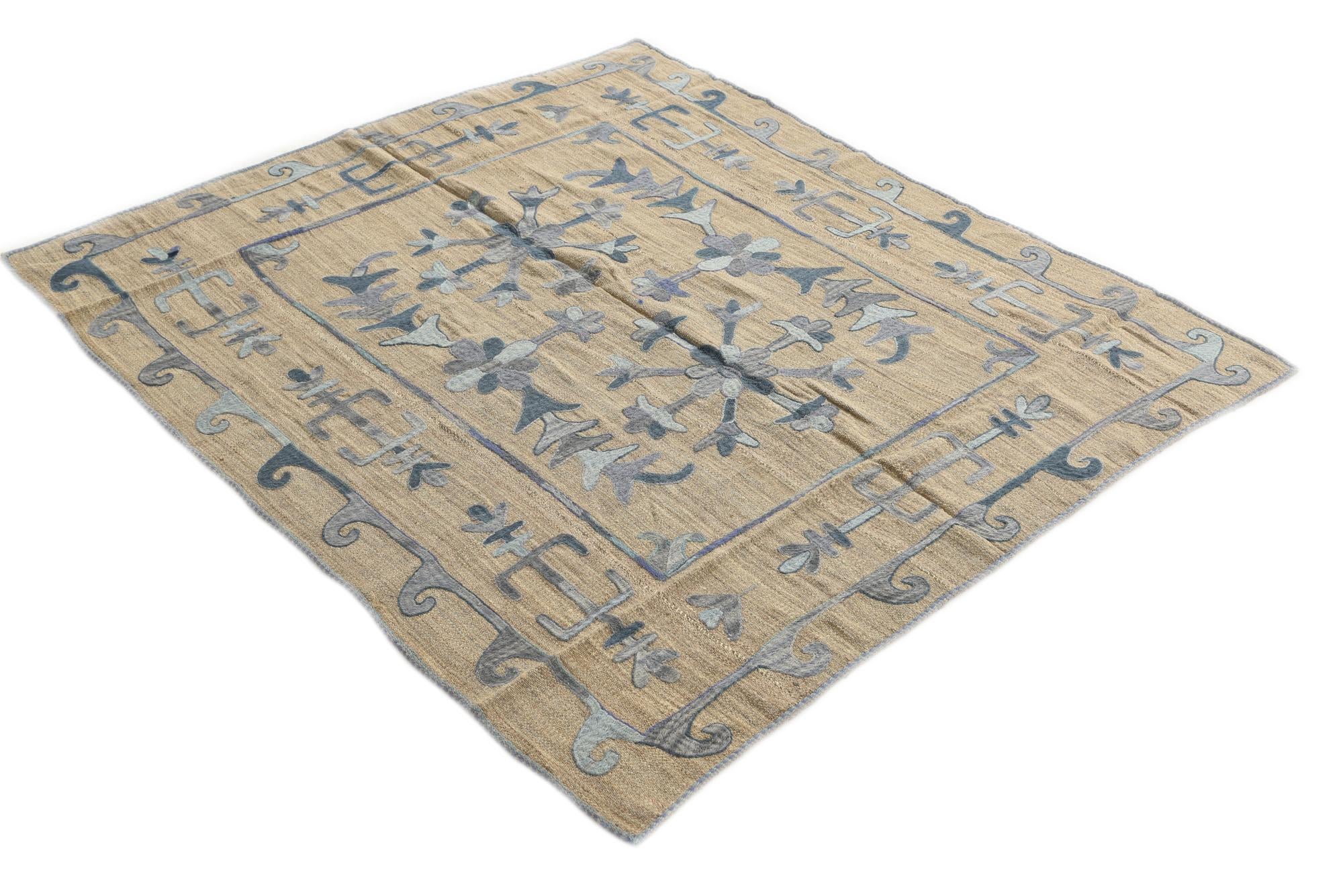 5' 2 x 5' 10 Hand Woven Kilim Suzani Wool Square Rug