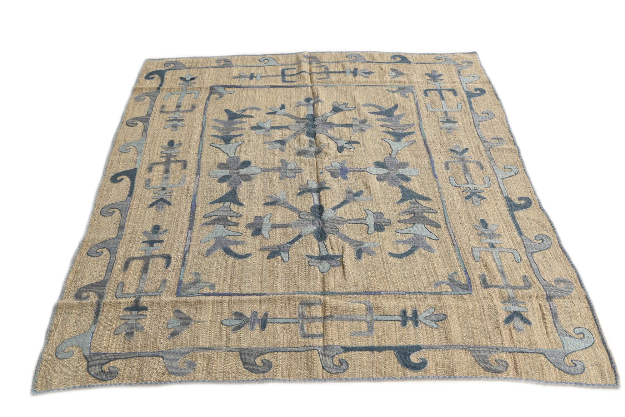 5' 2 x 5' 10 Hand Woven Kilim Suzani Wool Square Rug
