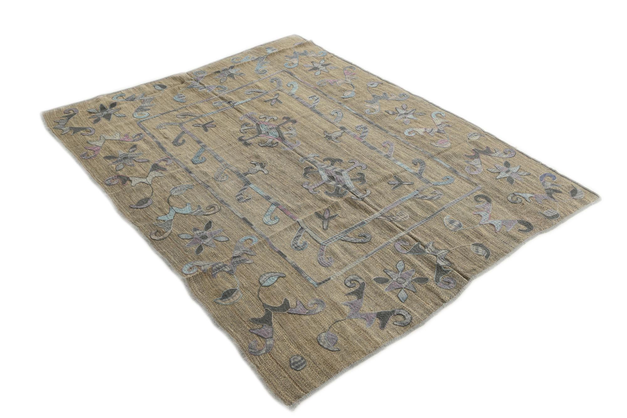 5' 2 x 6' 5 Hand Woven Kilim Suzani Wool Square Rug