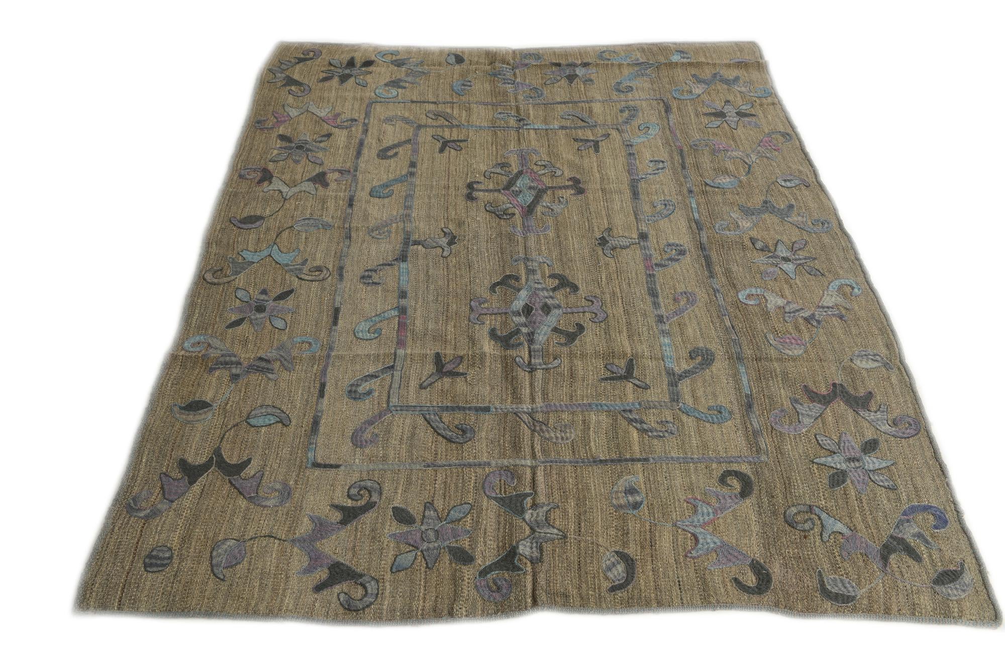 5' 2 x 6' 5 Hand Woven Kilim Suzani Wool Square Rug