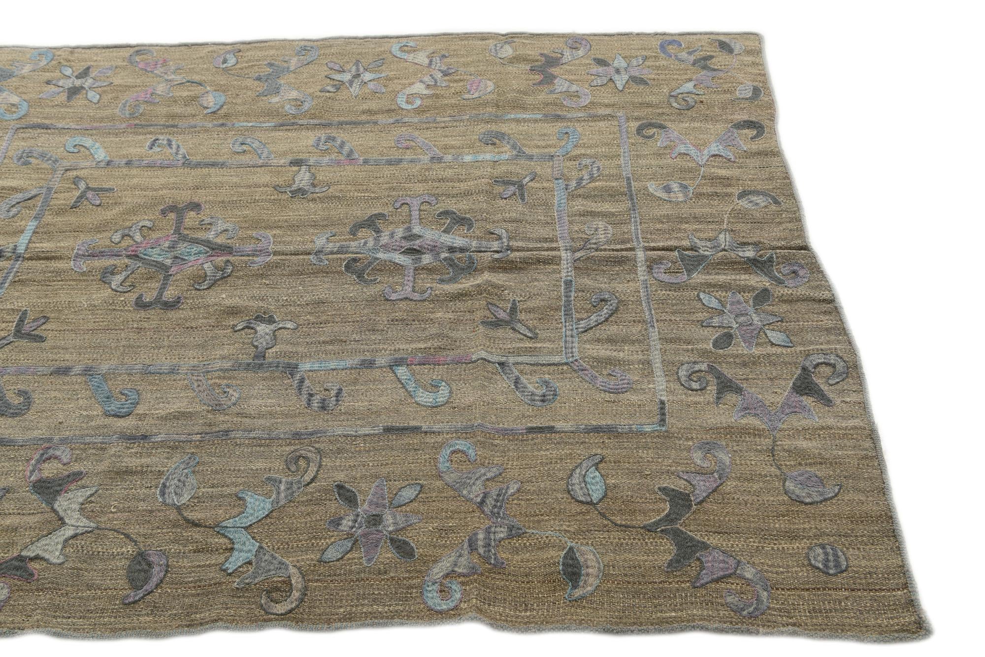 5' 2 x 6' 5 Hand Woven Kilim Suzani Wool Square Rug