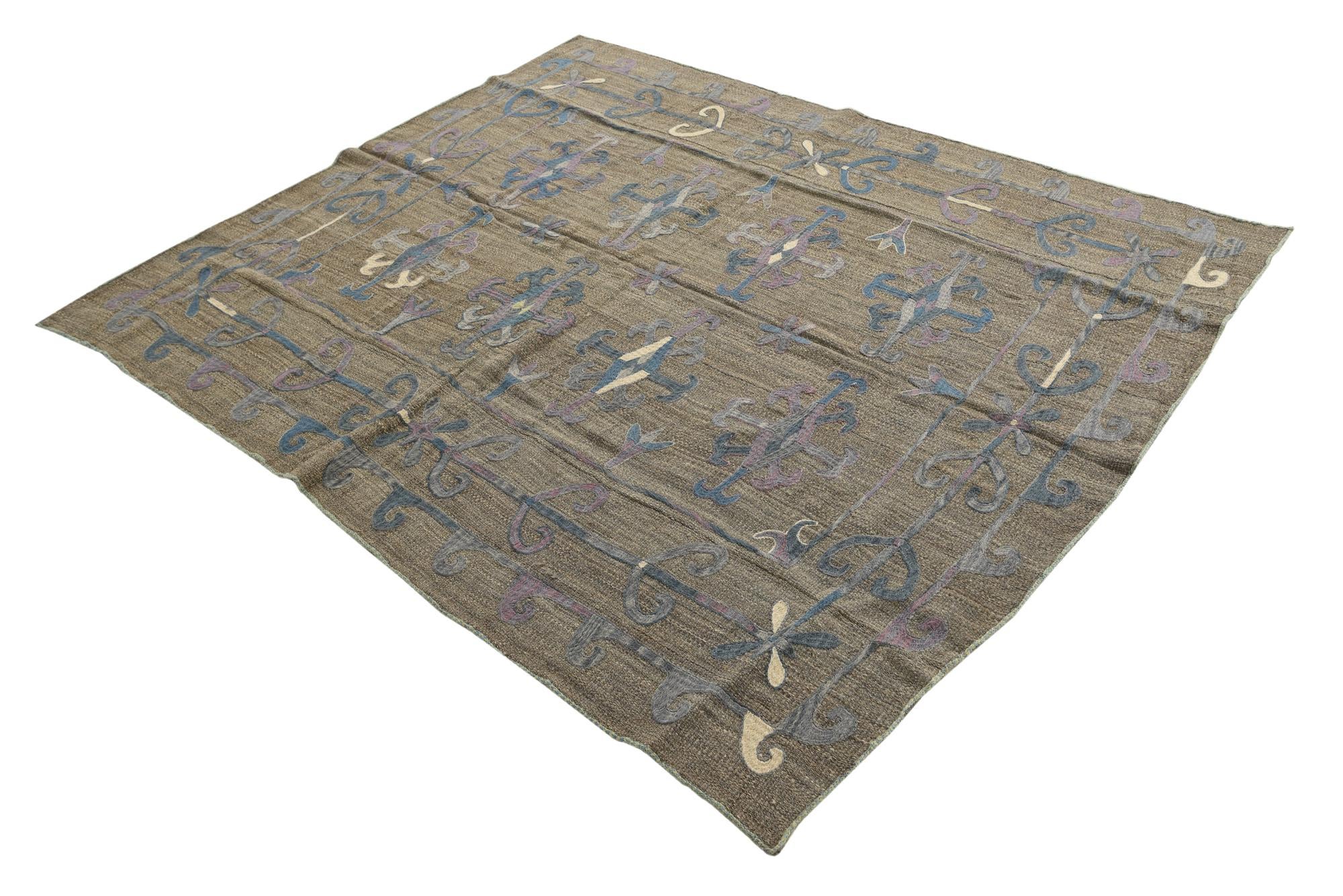 5' 8 x 6' 9 Hand Woven Kilim Suzani Wool Square Rug
