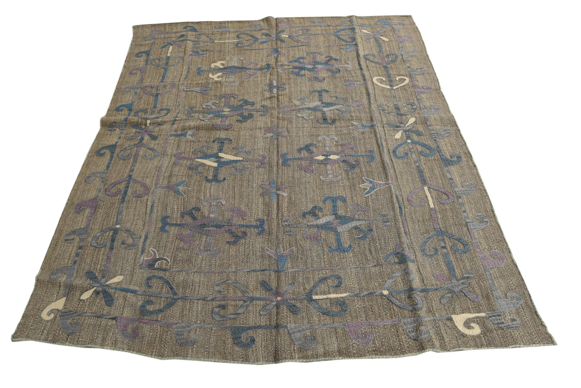 5' 8 x 6' 9 Hand Woven Kilim Suzani Wool Square Rug