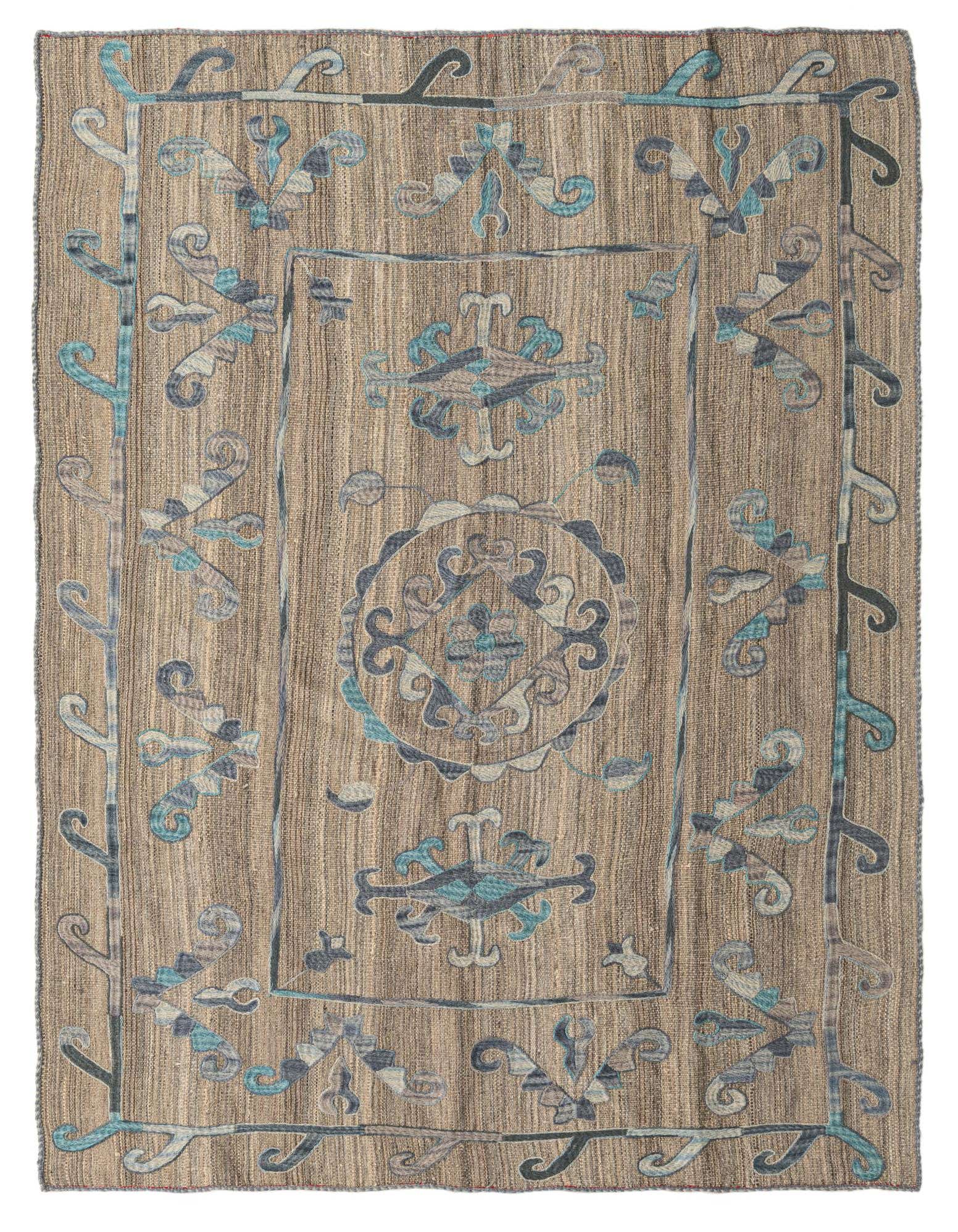 5' 3 x 6' 5 Hand Woven Kilim Suzani Wool Square Rug