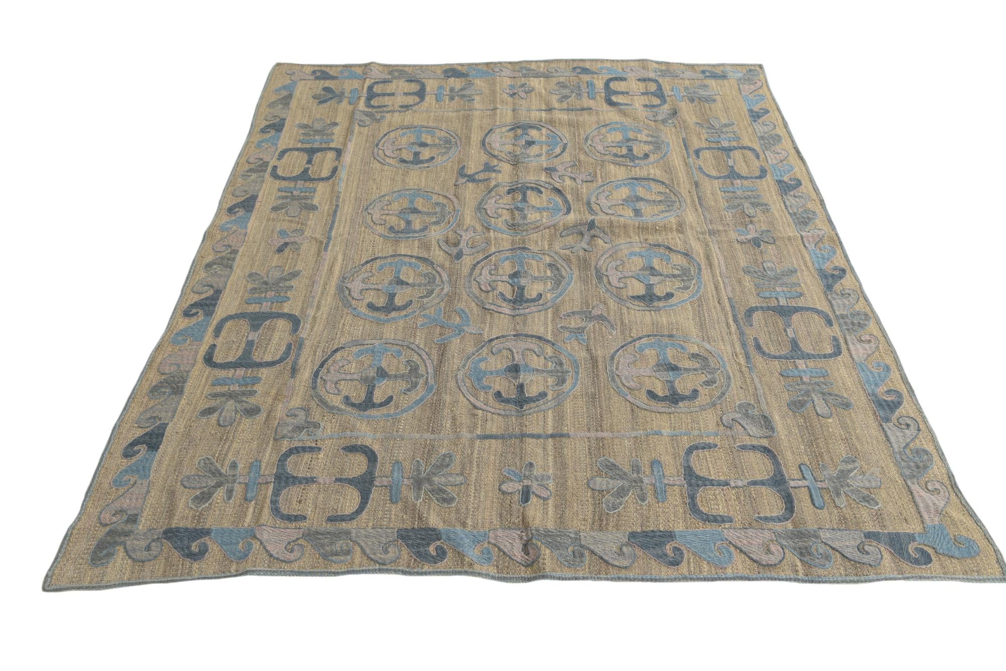 5' 6 x 6' 8 Hand Knotted Kilim Suzani Wool Square Rug