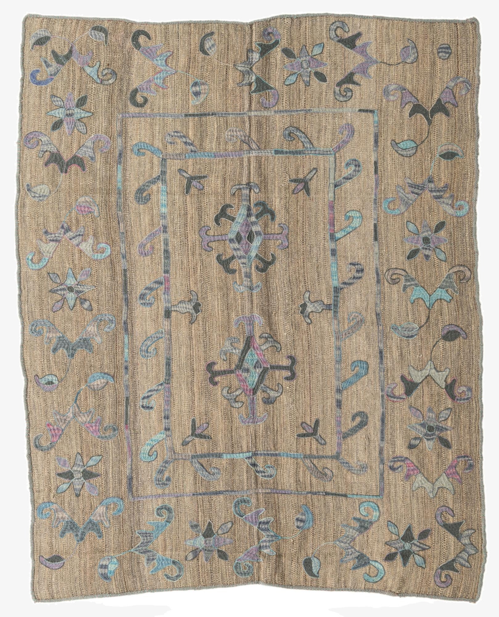 5' 2 x 6' 5  Hand Woven Kilim Suzani Wool Square Rug