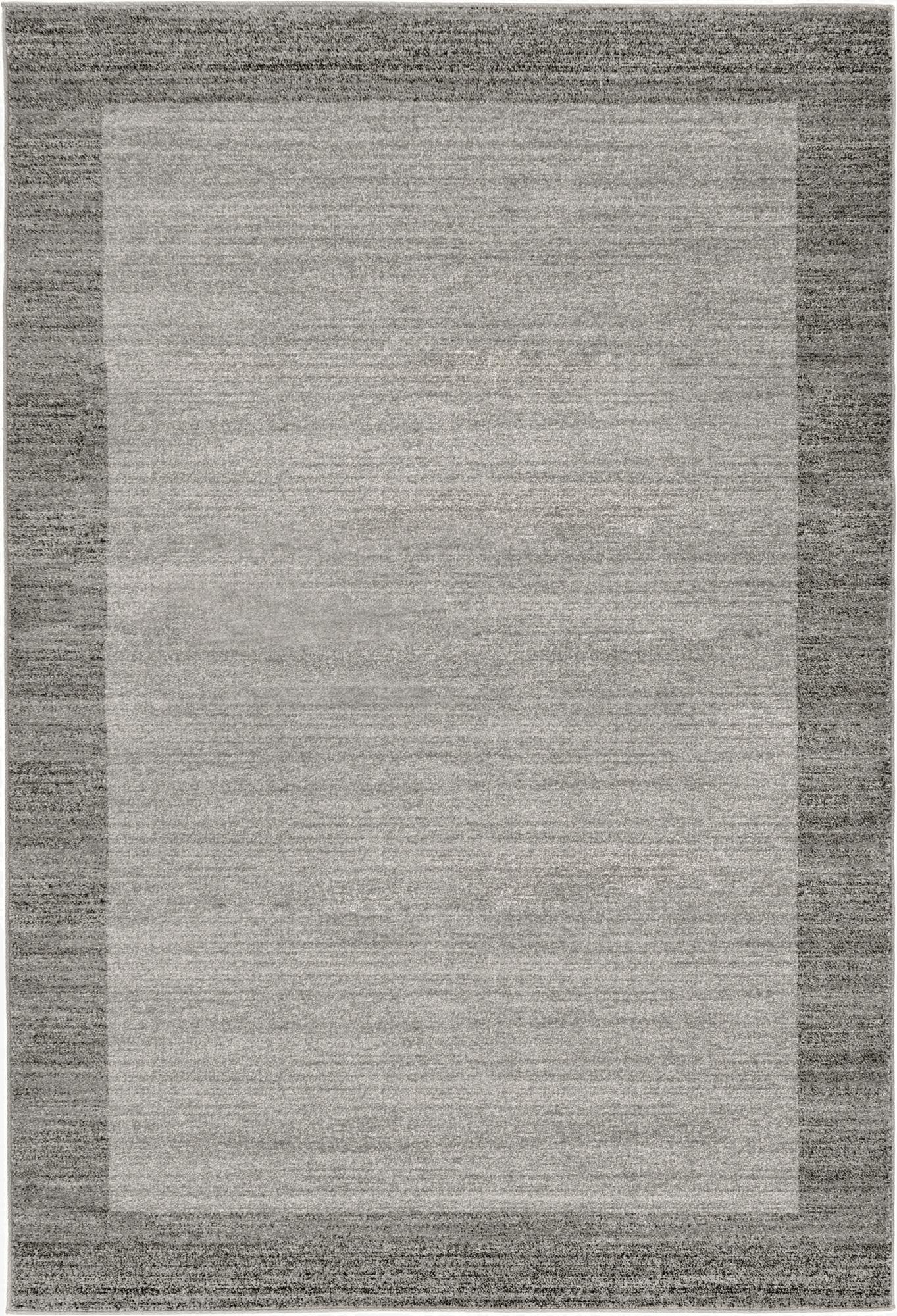 A 6x9 rectangular gray area rug with a subtle lighter gray center and a darker gray border, suitable for a modern living room.