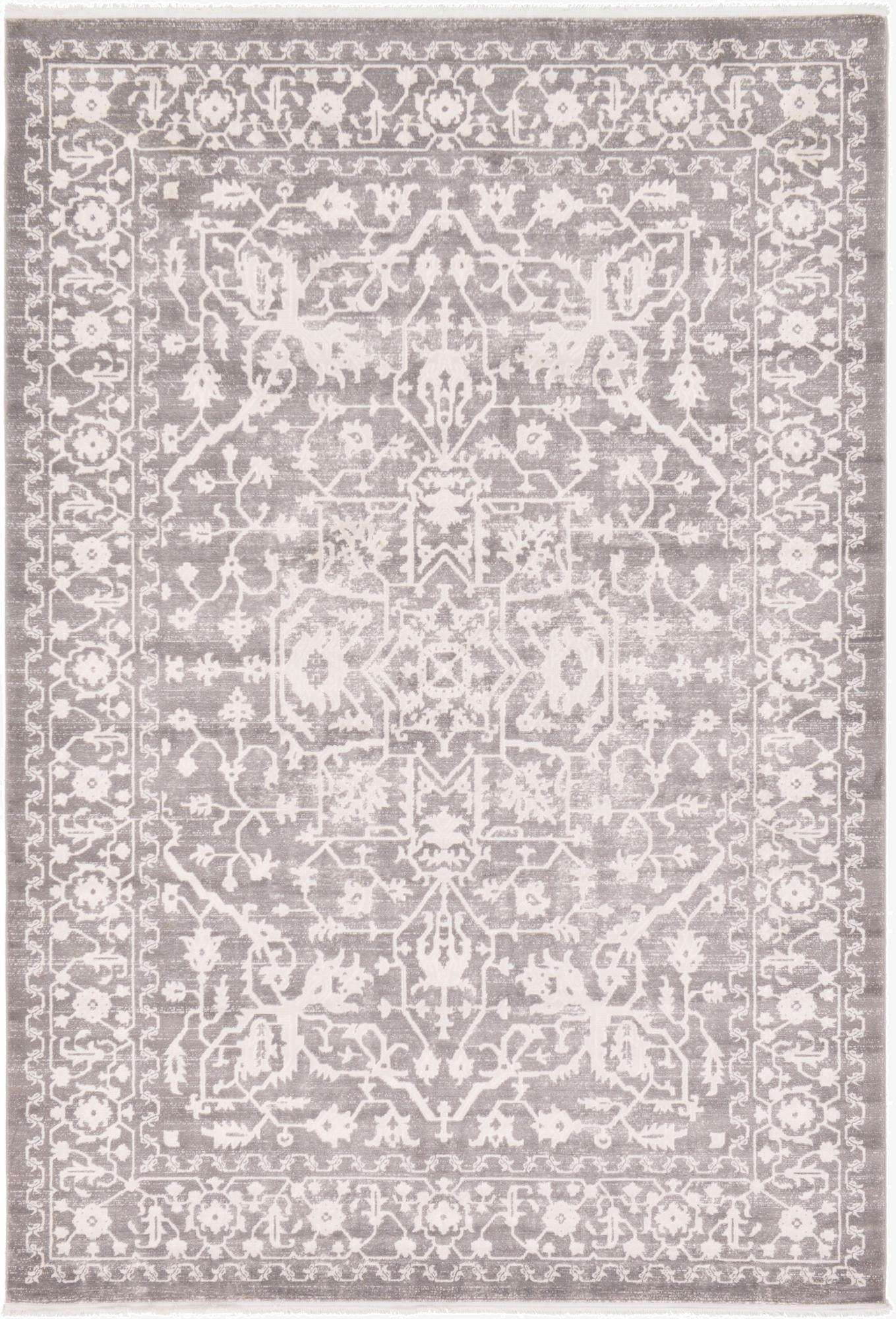 A 7x10 rectangular gray area rug with a distressed traditional medallion and botanical pattern, featuring a textured pile.