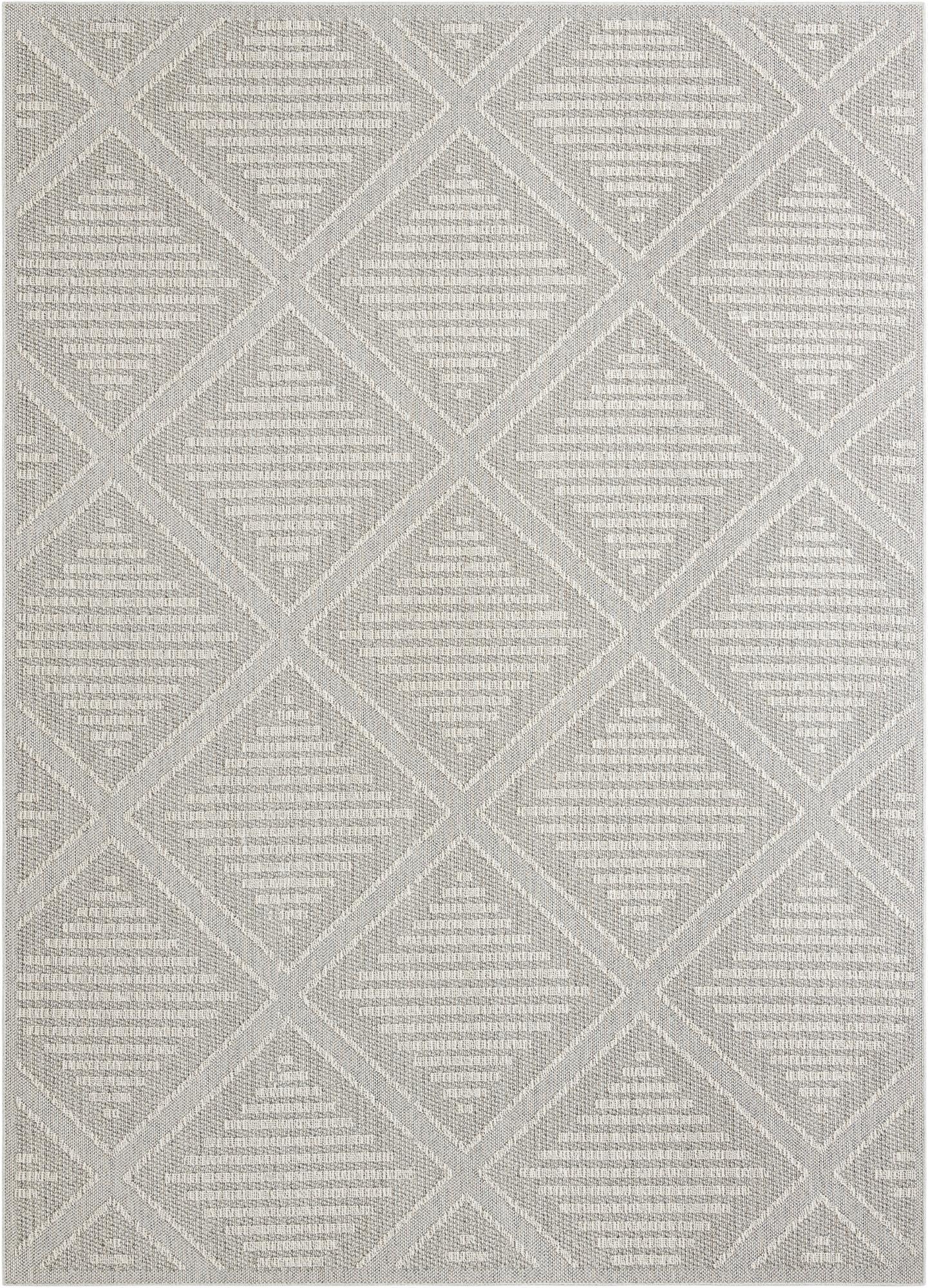 A 10x14 rectangular gray indoor/outdoor rug with a modern lattice diamond pattern, ideal for a patio.