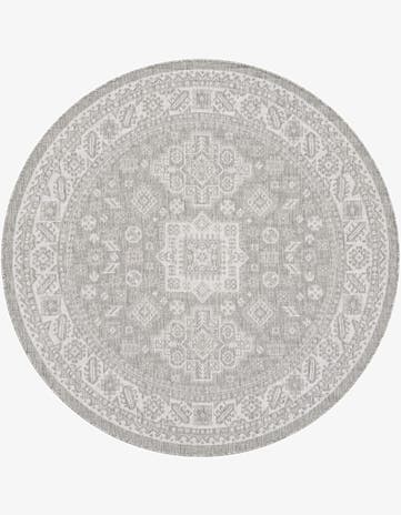 Light Gray Easy-Clean Aztec Indoor / Outdoor Round Rug