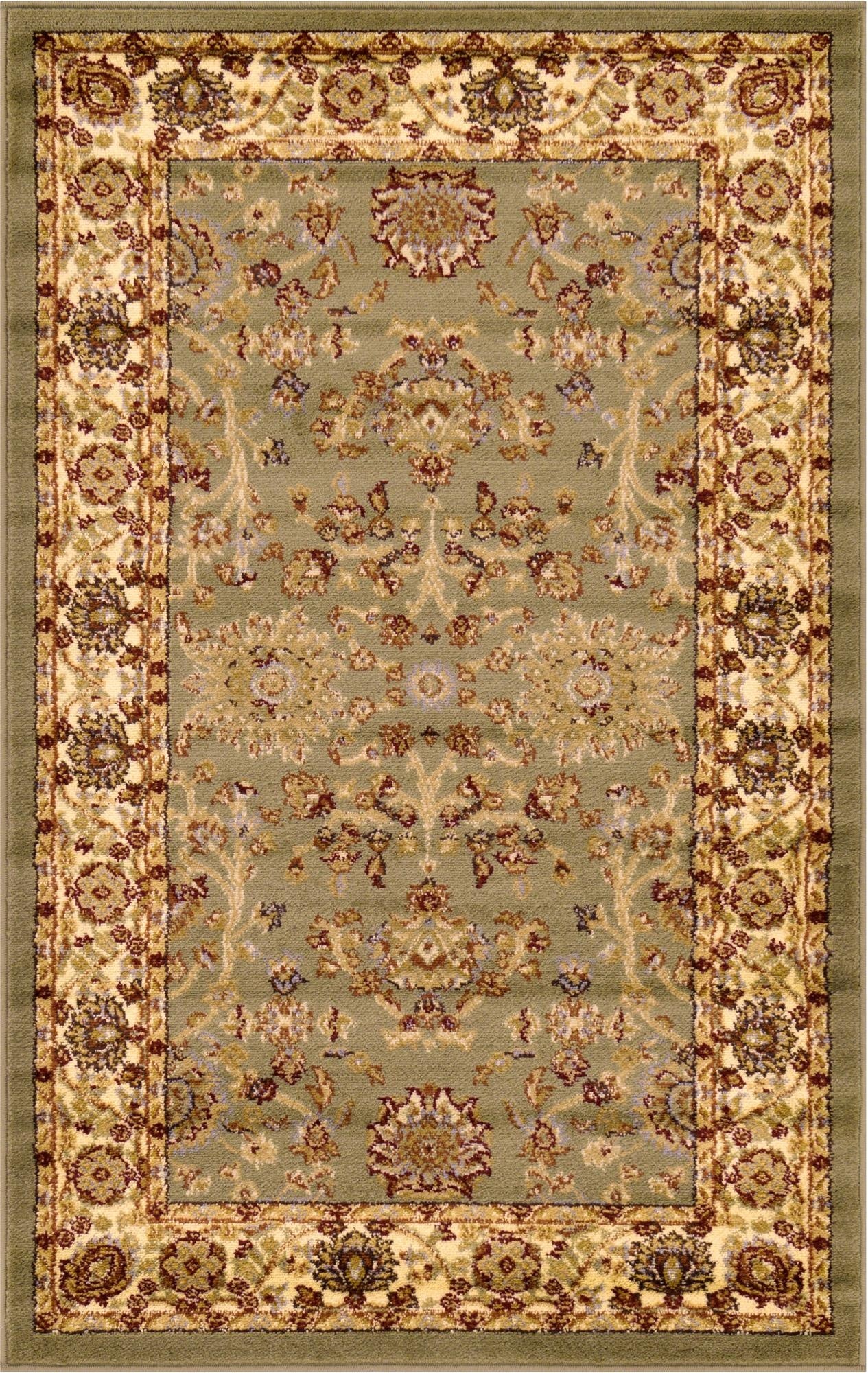 A 3x5 rectangular Aditi rug featuring a traditional green field with botanical and floral patterns, bordered by cream and rust accents.