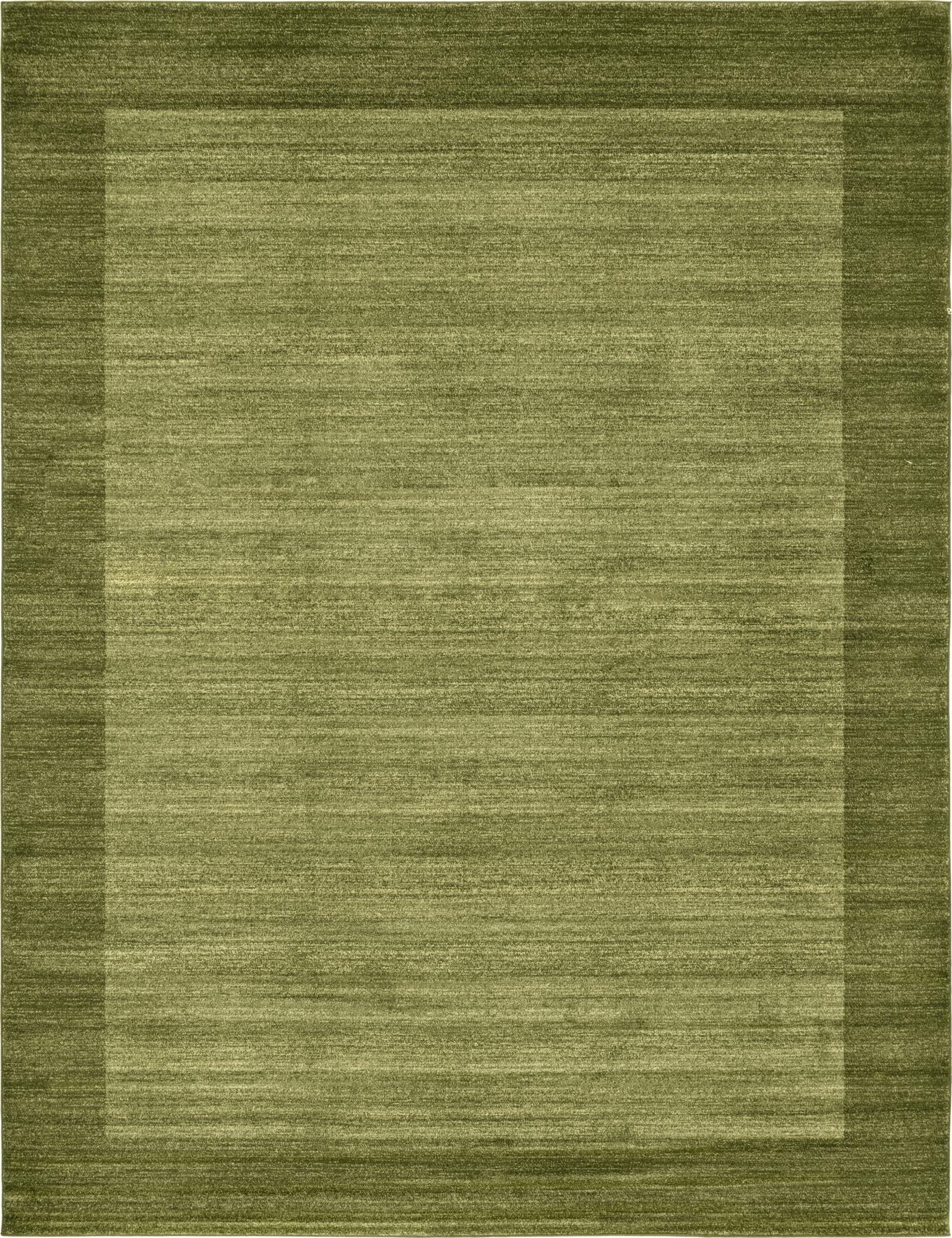 A 9x12 rectangular green area rug with a subtle border in a slightly darker shade of green, suitable for a living room.