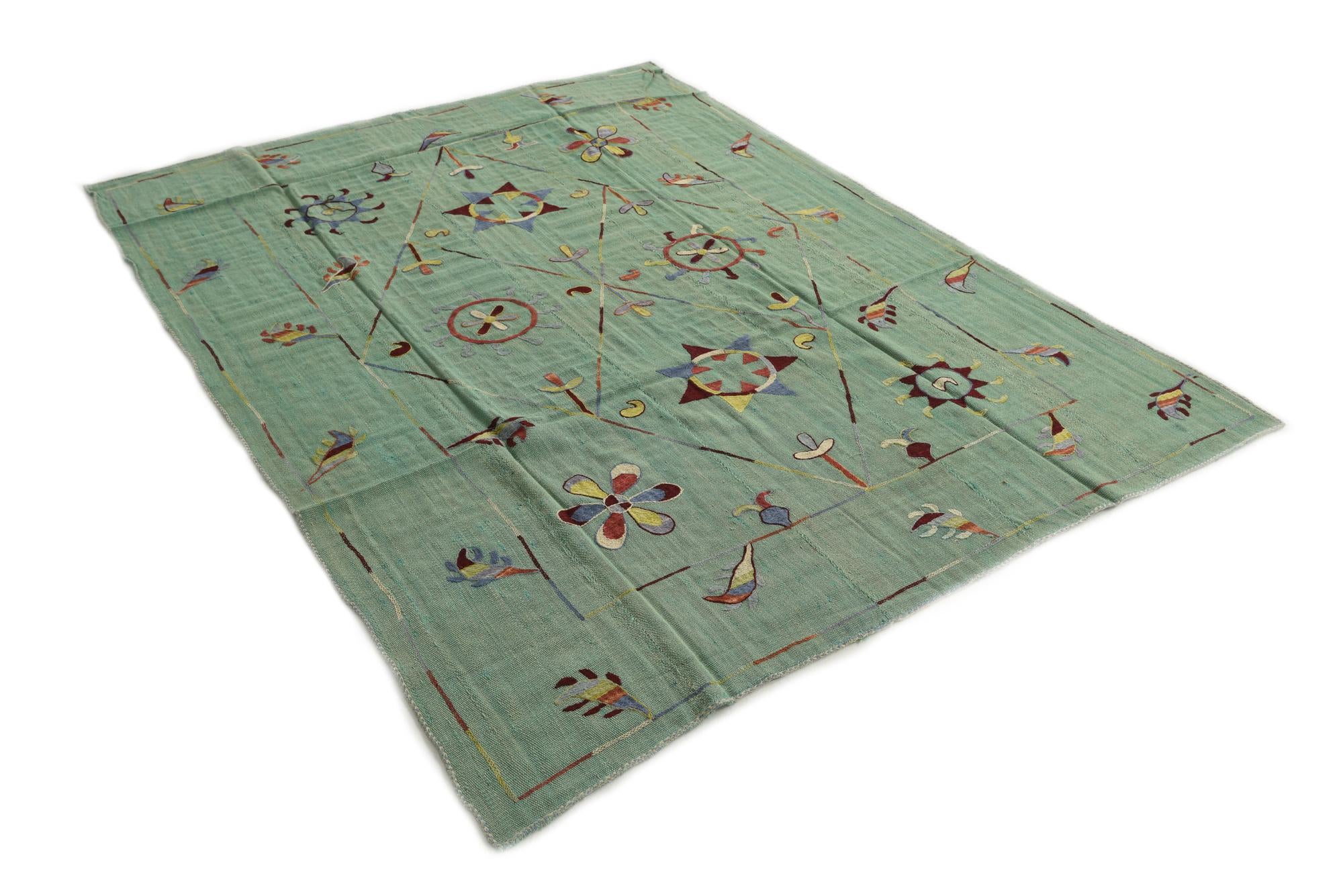 5' 8 x 7' 4 Hand Woven Kilim Suzani Wool Rug