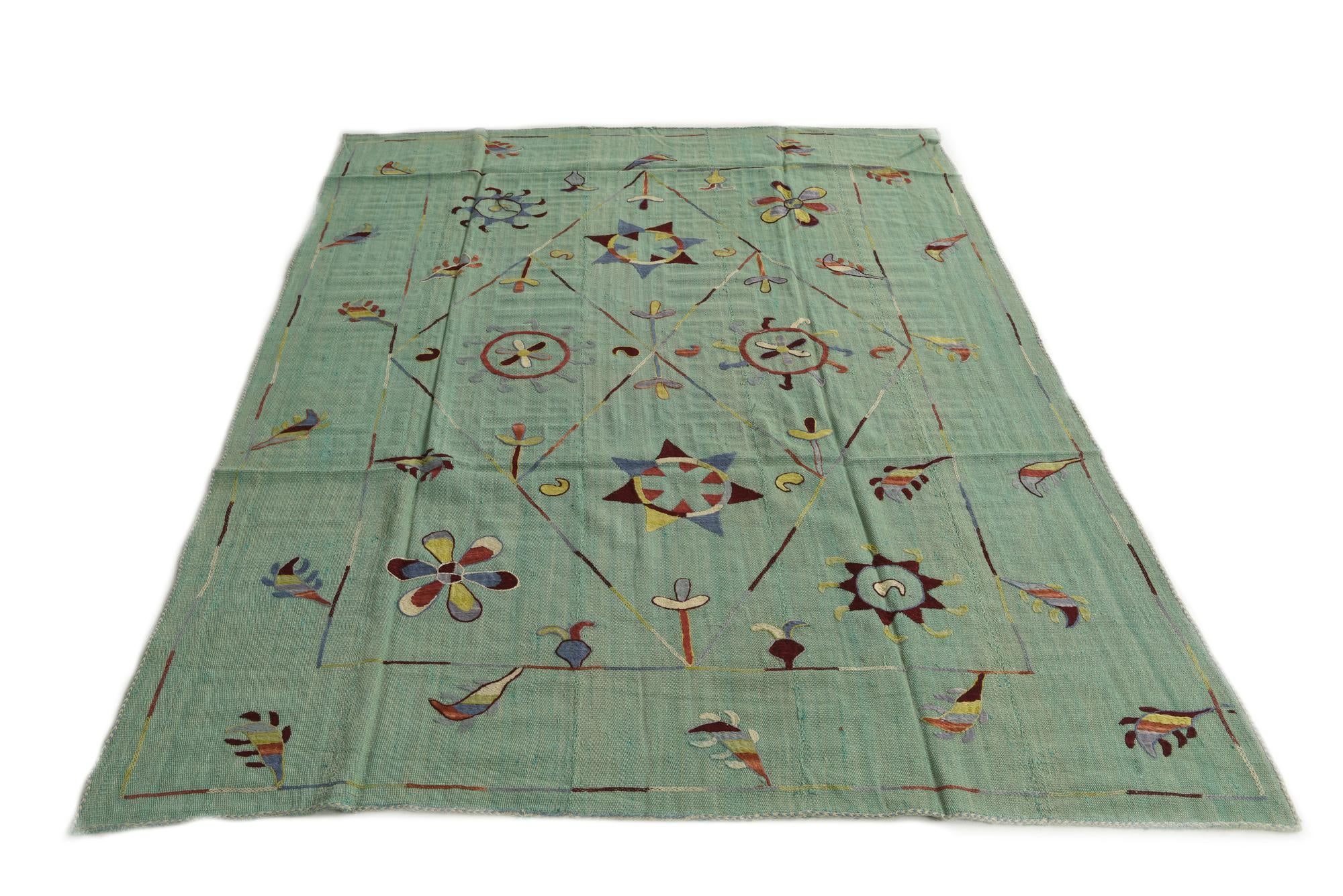 5' 8 x 7' 4 Hand Woven Kilim Suzani Wool Rug