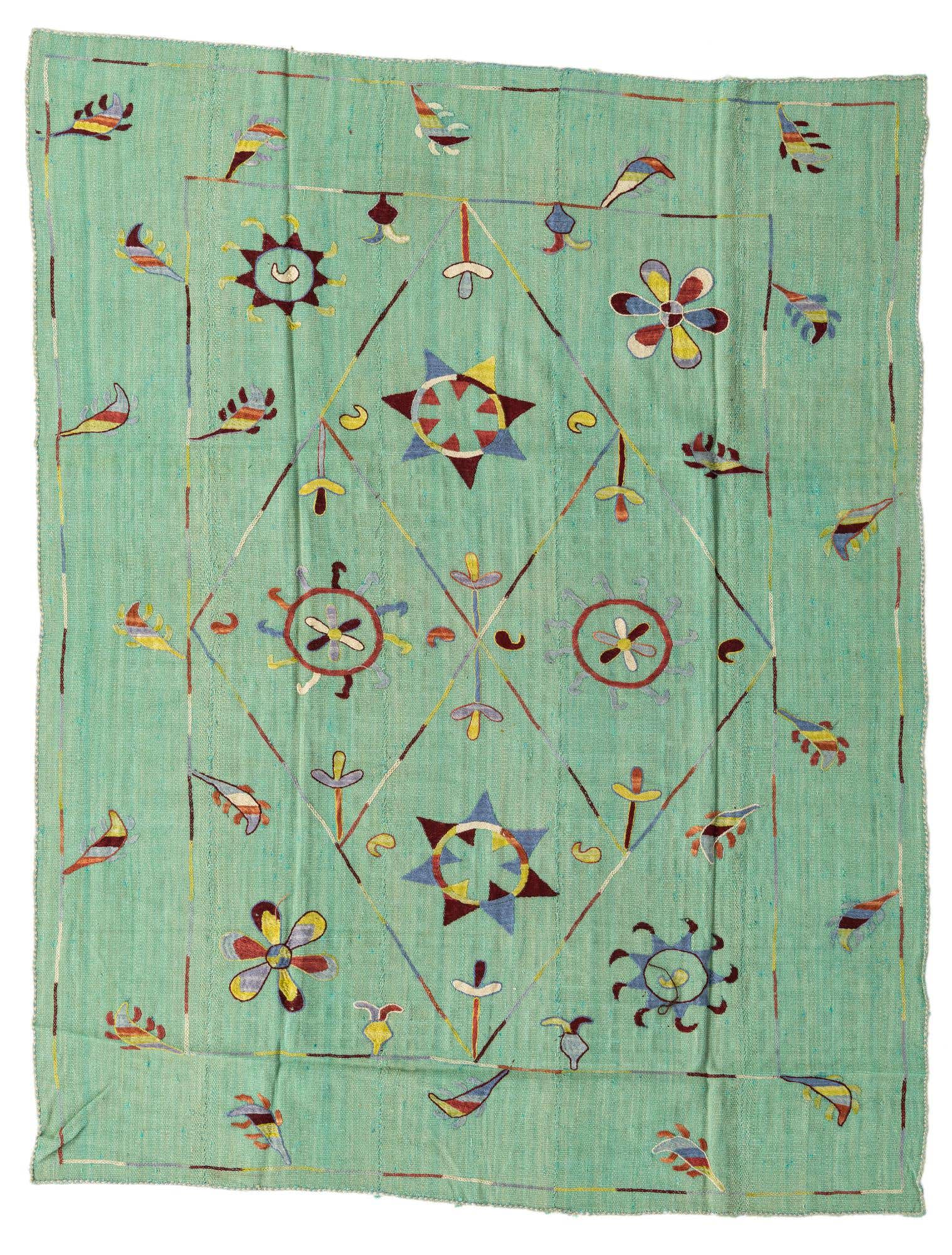 5' 8 x 7' 4 Hand Woven Kilim Suzani Wool Rug
