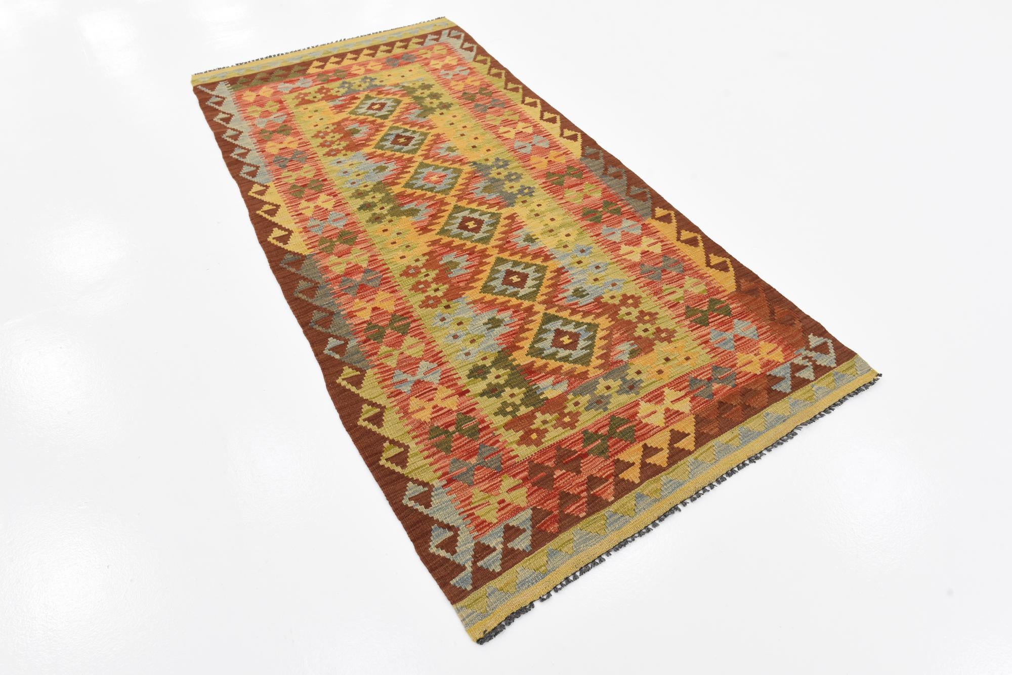 3' 2 x 6' 9 Hand Woven Kilim Maymana Wool Runner Rug
