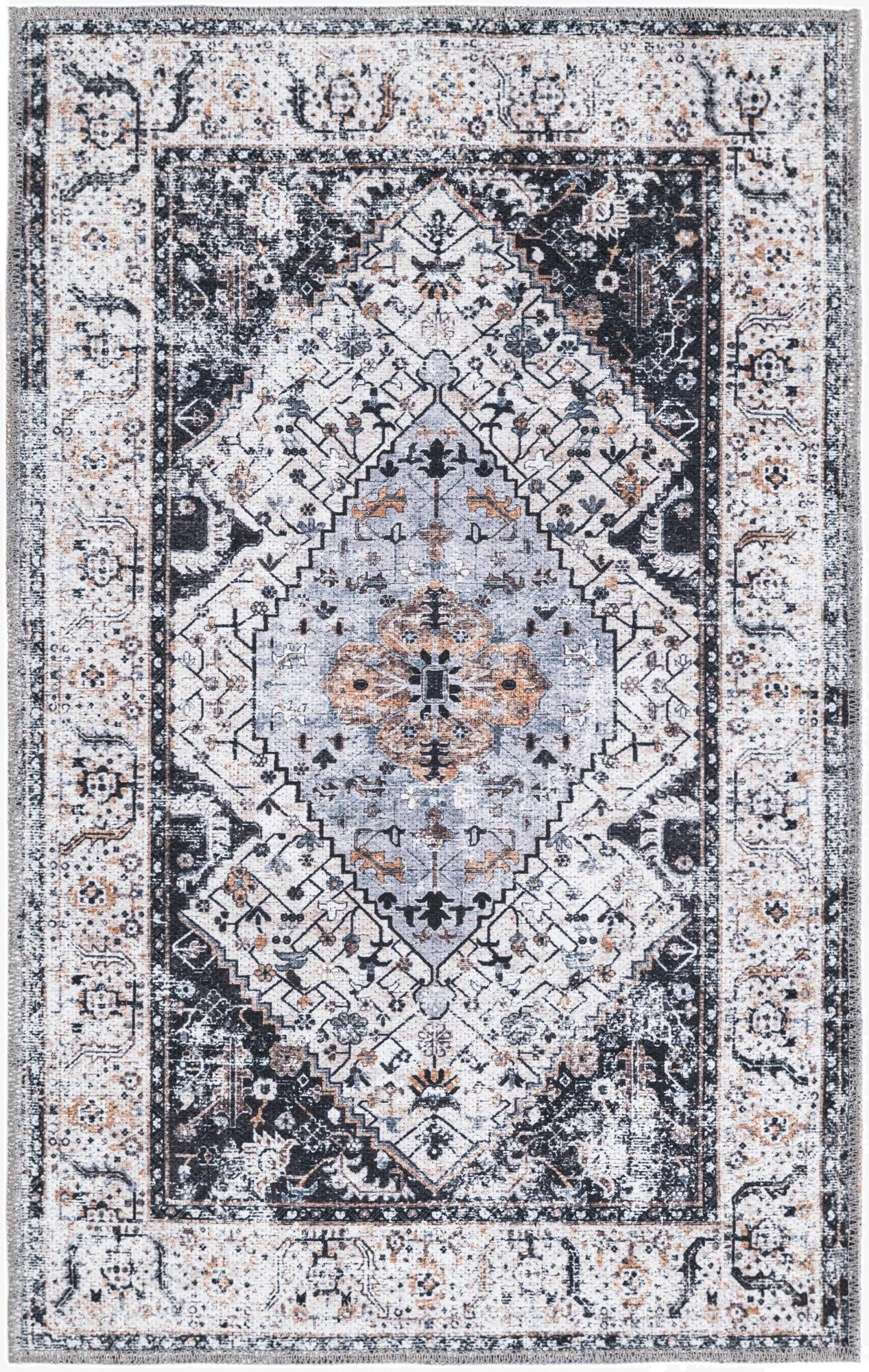 A 2x3 rectangular Rugs.com Yara rug featuring a distressed tribal medallion pattern in black, ivory, cream, gray, and silver tones.
