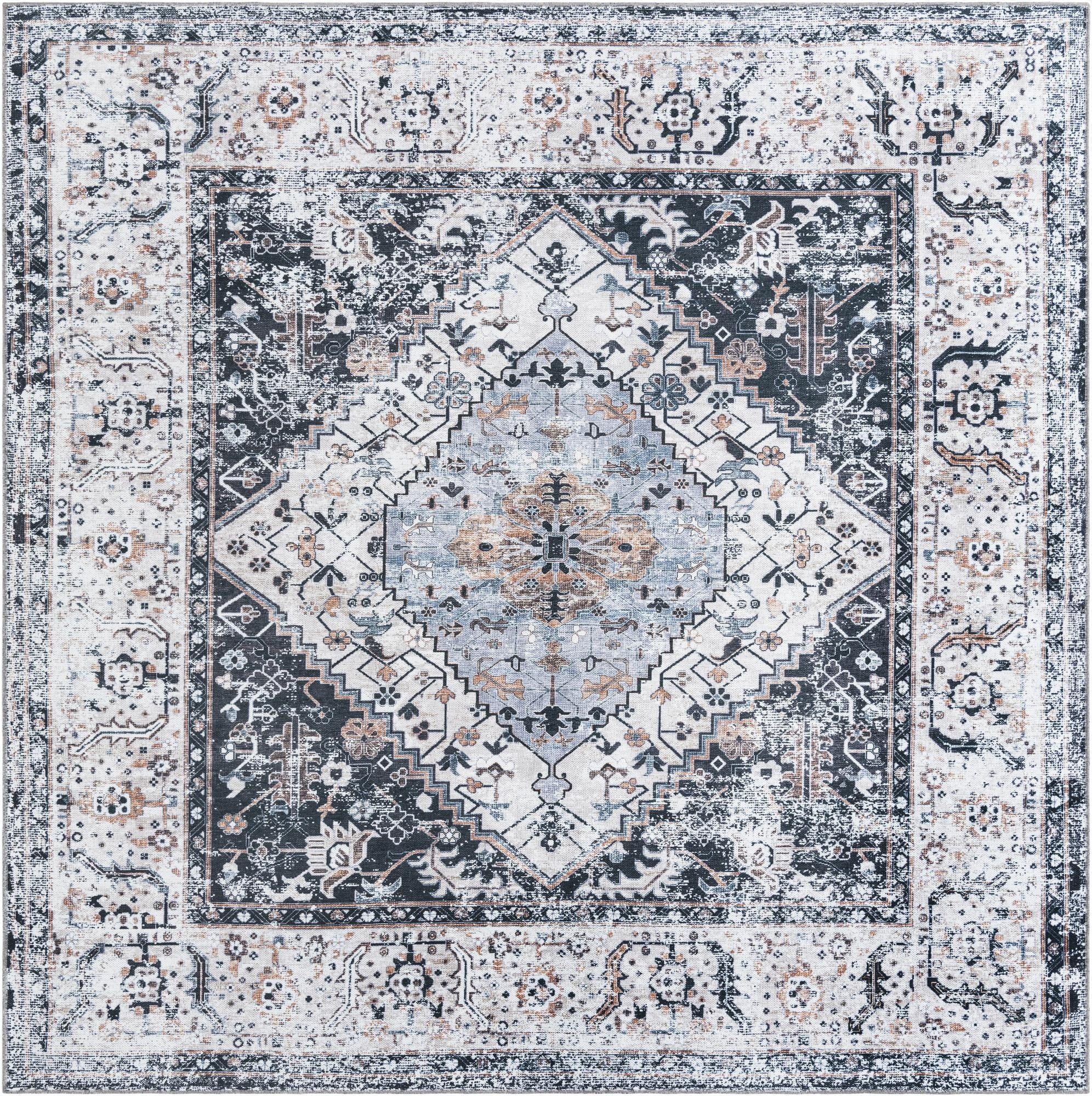 A square 7'10" x 7'10" Rugs.com Yara rug featuring a distressed tribal medallion pattern in black, ivory, cream, gray, and silver tones.
