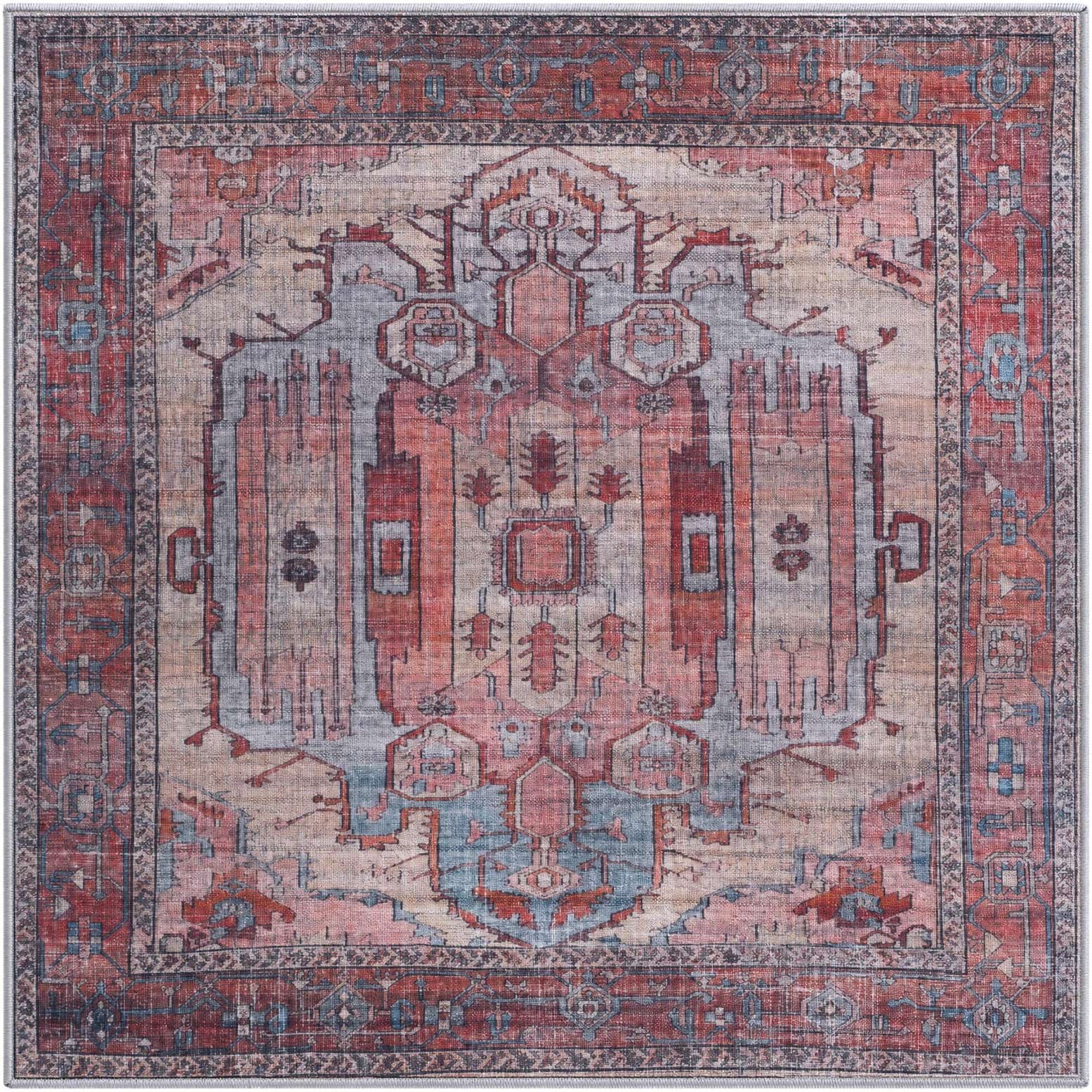 4' x 4' Luther · Medallion rug, red and blue
