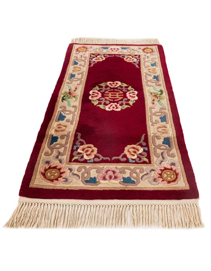 Detail image of 2' 4 x 4' 7 Hand Knotted Carved Pekin Oriental Wool Runner Rug