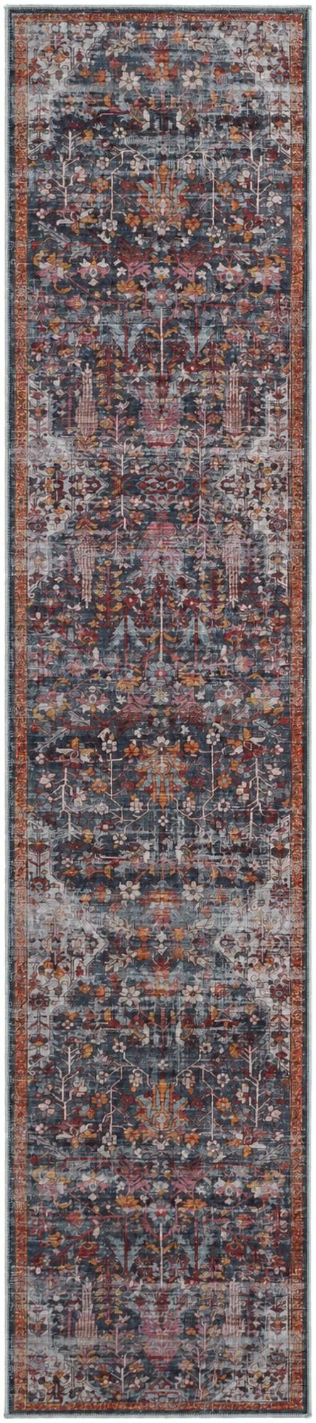 2' 7 x 12' Massey · Distressed floral rug, navy and rust
